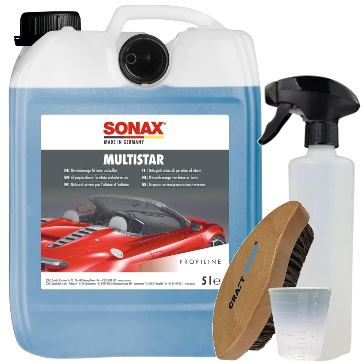 Craft-Equip Reinigungs-Set bestehend aus dem SONAX 5 Liter Profiline Multistar + Zubehör (Sprühflasche, Lederbürste, Messbecher) von Craft-Equip