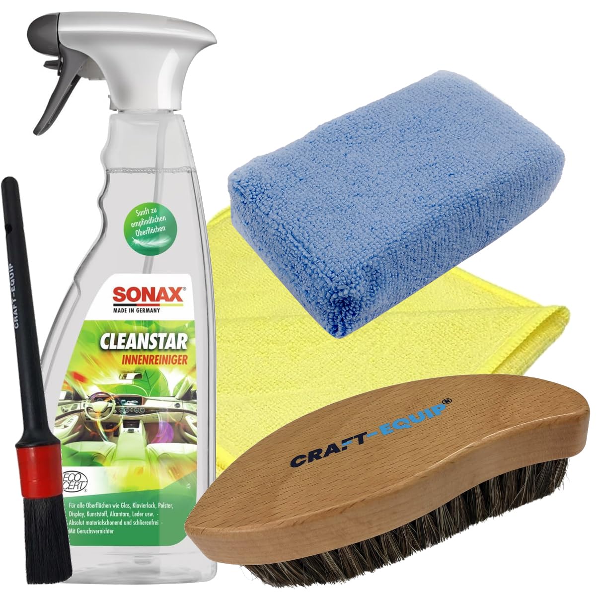 Craft-Equip Reinigungs-Set bestehend aus dem SONAX 750ml Cleanstar Innenreiniger + Craft-Equip Microfaser Applikator/Lederbürste/Detailing Pinsel/Microfasertuch von Craft-Equip