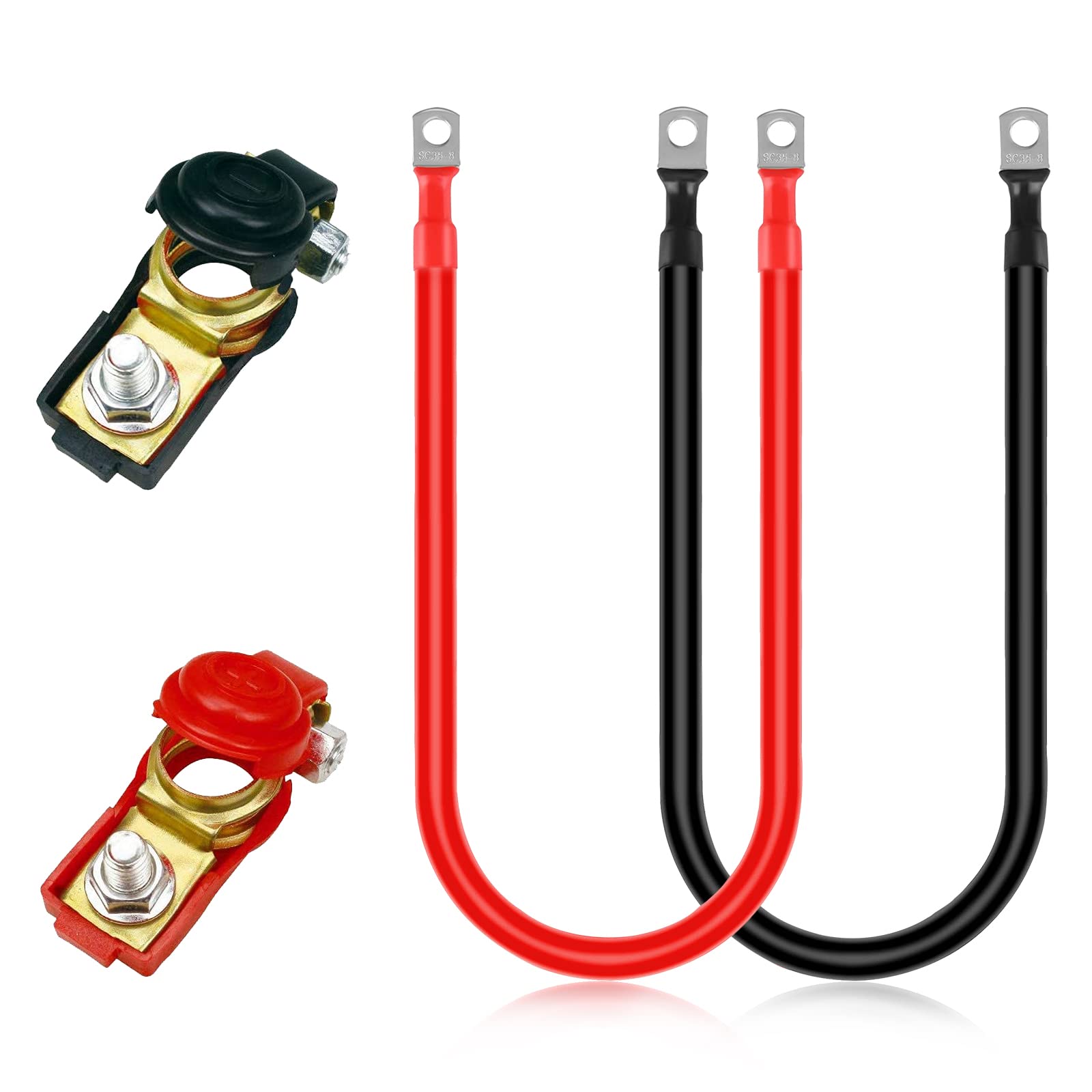 Cresbel 2 Stück Auto Batteriekabel 16mm² - 50cm 12V 5AWG Kabel mit Ringklemmen und 1 Paar batterieklemmen, Rot und Schwarz Kupferkabel, Kupfer Stromkabel für Motorrad Solar Autobatterie Massekabel von Cresbel