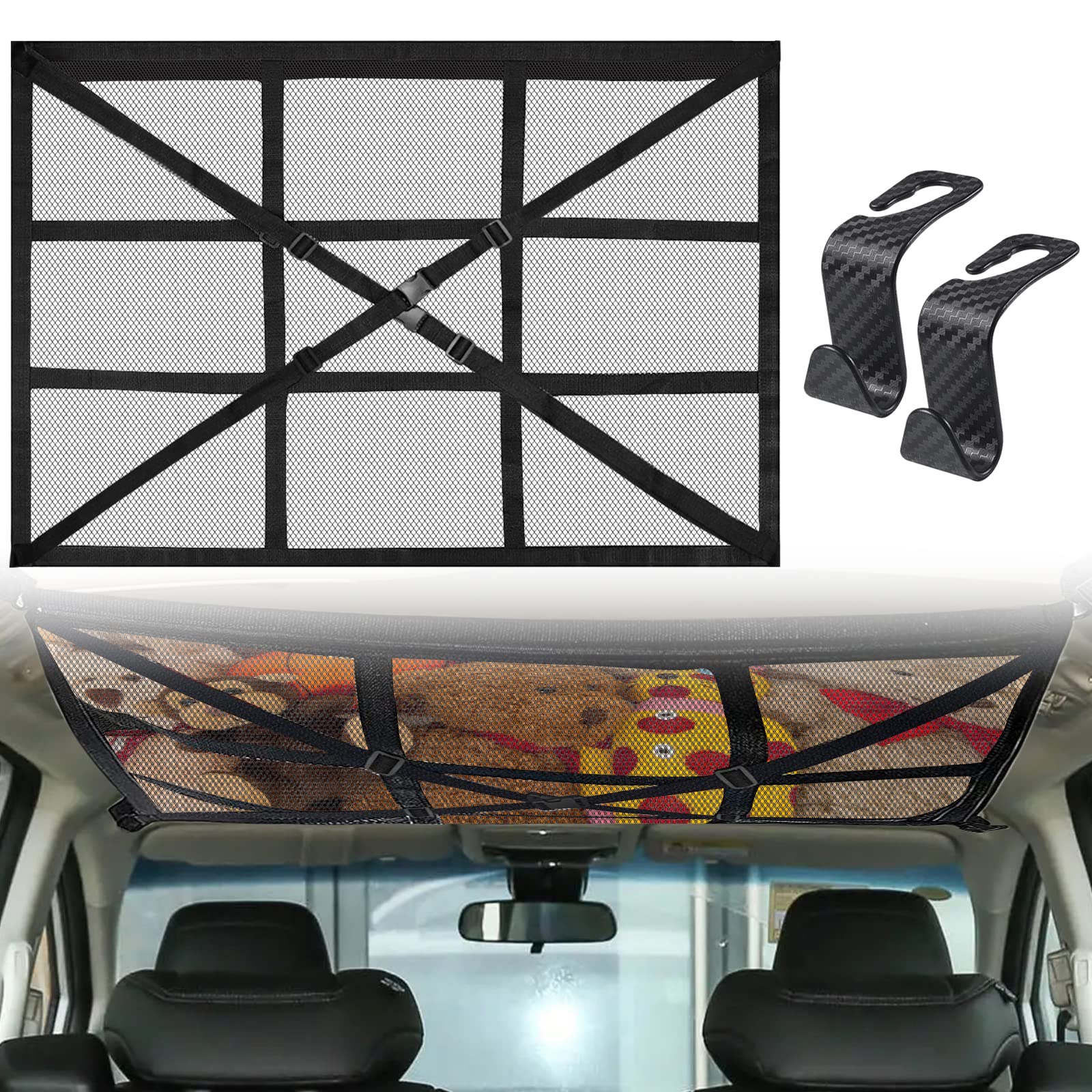 Gepäcknetz Auto: 90×65CM Autodach Gepäcknetz Netze für die Meisten Fahrzeugtypen, Gepäcknetz Auto Aufbewahrung mit 2 Haken, Autodach Gepäcknetz Decke mit Verstellbare Kreuzgurte und Reißverschluss von Cresbel