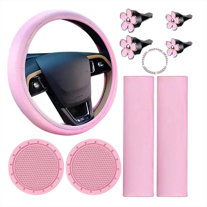 Crevyteg 10 Stück Auto-Lenkradbezüge, Damen-Lenkradbezug mit Sicherheitsgurt-Schulterpolster, Getränkehalter, Leder-Auto-Innenzubehör-Set für Damen, Rose von Crevyteg