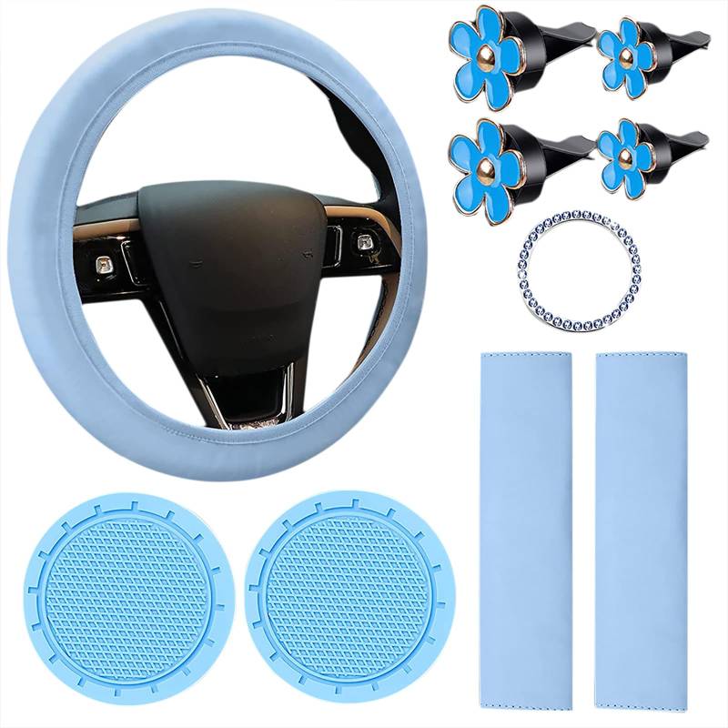 Crevyteg 10 Stück Leder-Lenkradbezüge, Damen-Lenkradbezug mit Sicherheitsgurt-Schulterpolster, Getränkehalter, Auto-Innenzubehör-Set für Damen, Blau von Crevyteg