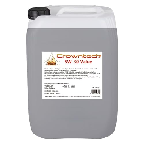 20 Liter Motoröl 5w30 Crowntech Value für VW 502.00/505.00 MB229.3/229.5, Longlife-98, C30 von Crowntech