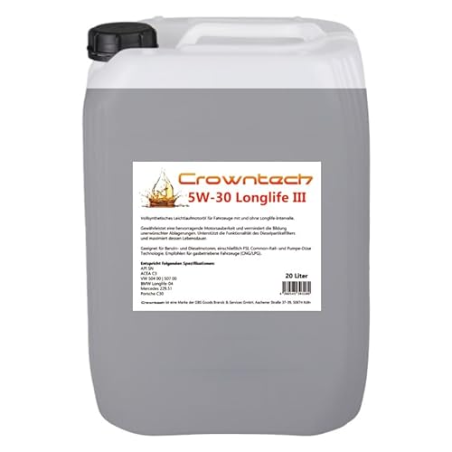 20 Liter Motoröl 5w30 Longlife III Crowntech für VW 504.00/507.00 MB229.51, Longlife-04, C30 von Crowntech