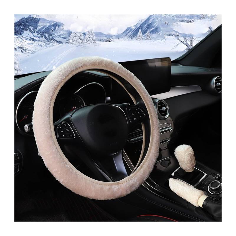 Lenkradbezug 3-teilige Winter-Kurz-Plüsch-Handwarm-Frostschutz-Auto-Lenkradabdeckung, Handbremsabdeckung, Griffabdeckung, Auto-Innenzubehör Lenkradabdeckung(Beige) von Cstearqp