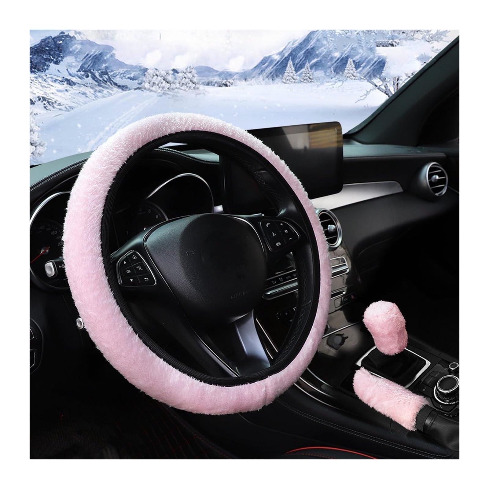 Lenkradbezug 3-teilige Winter-Kurz-Plüsch-Handwarm-Frostschutz-Auto-Lenkradabdeckung, Handbremsabdeckung, Griffabdeckung, Auto-Innenzubehör Lenkradabdeckung(Pink) von Cstearqp