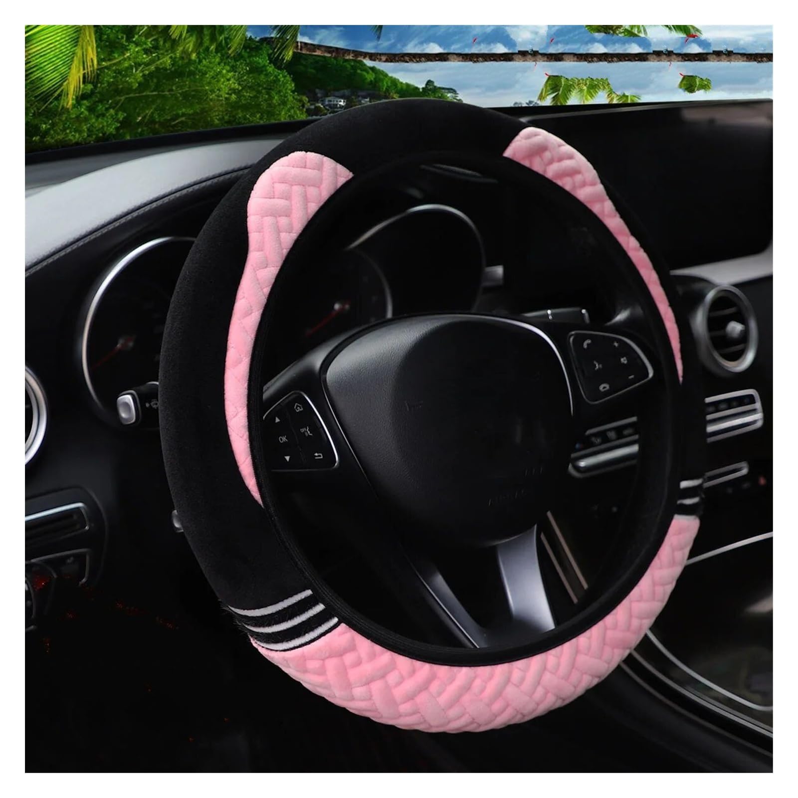 Lenkradbezug Handwarmer Plüschbär, Cartoon-Katze, Auto Ohne Innenring, Lenkradbezug, Automobilzubehör, 36,8–38,1 cm Lenkradabdeckung(Pink) von Cstearqp