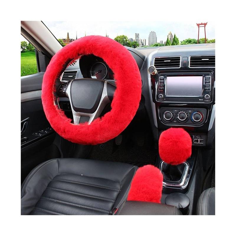 Lenkradbezug Lenkradbezug, Warm Für Den Winter Für Auto, Handbremse Schalthebel Dreiteiliges Set Heizung Lenkrad 38 cm Lenkradabdeckung(Red) von Cstearqp