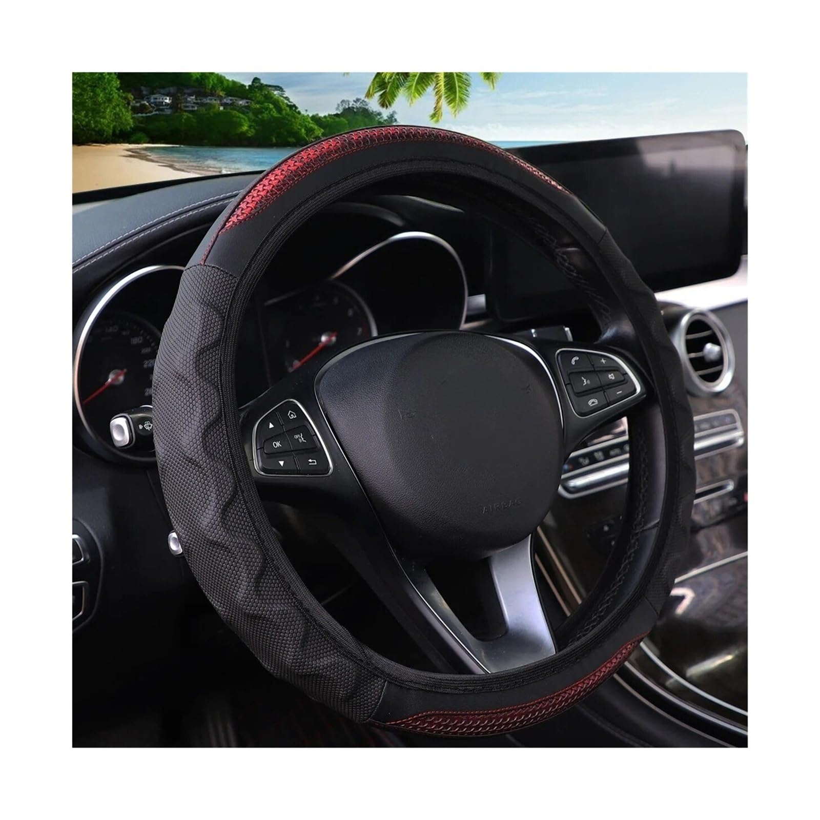 Lenkradbezug Silikon Stereo Leder Carbon Faser Auto Ohne Innenring Lenkrad Abdeckung Auto Zubehör Geeignet Für 14,5-15 Zoll Lenkradabdeckung(Red) von Cstearqp