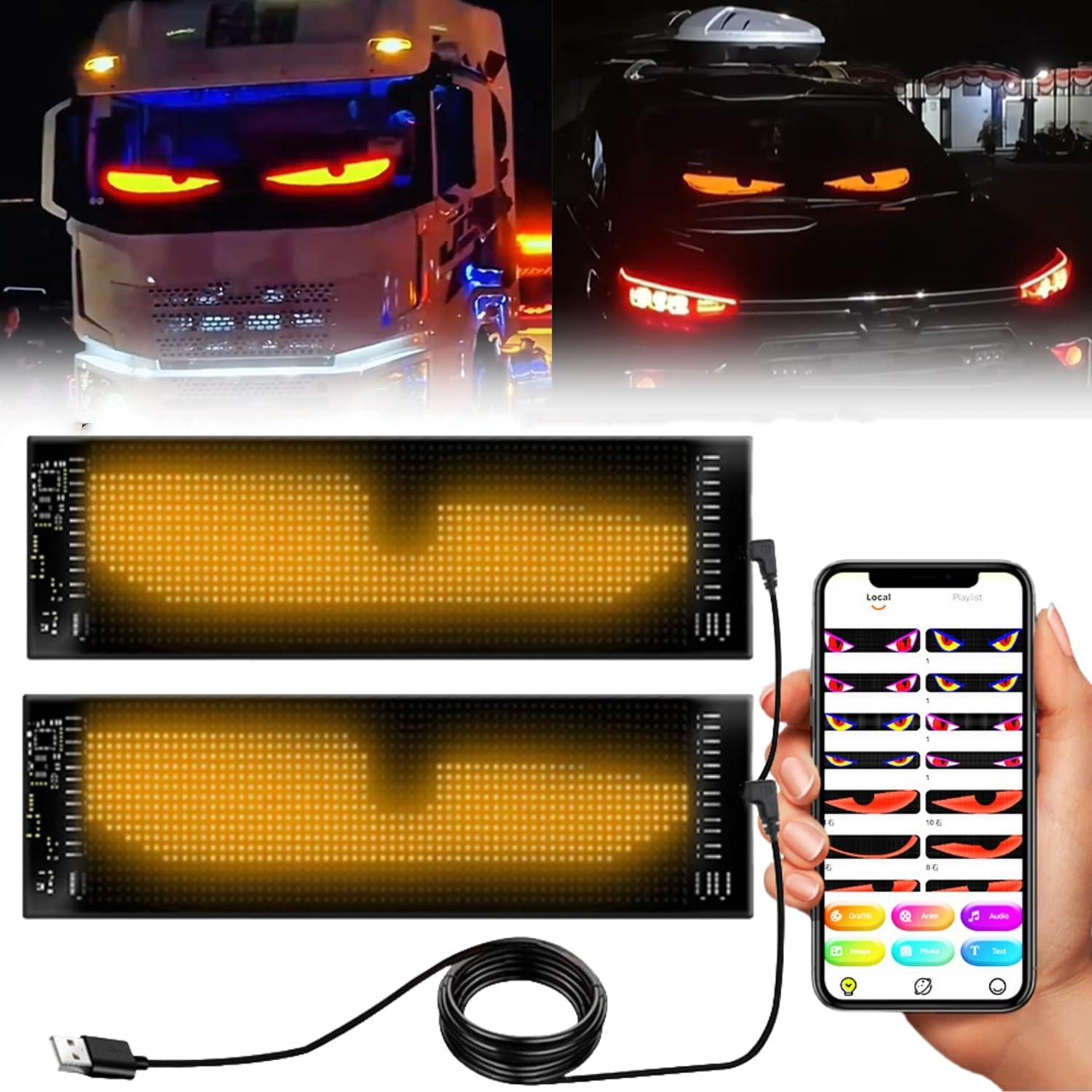 2er Teufelaugen-Licht Für Autos, Programmierbare Flexible LED-Augen Für Autoscheiben, Dynamische Animiertes Autoaugenlicht Für Die Windschutzscheibe Mit APP-Steuerung Und Fernbedienung. von Ctopkatuo