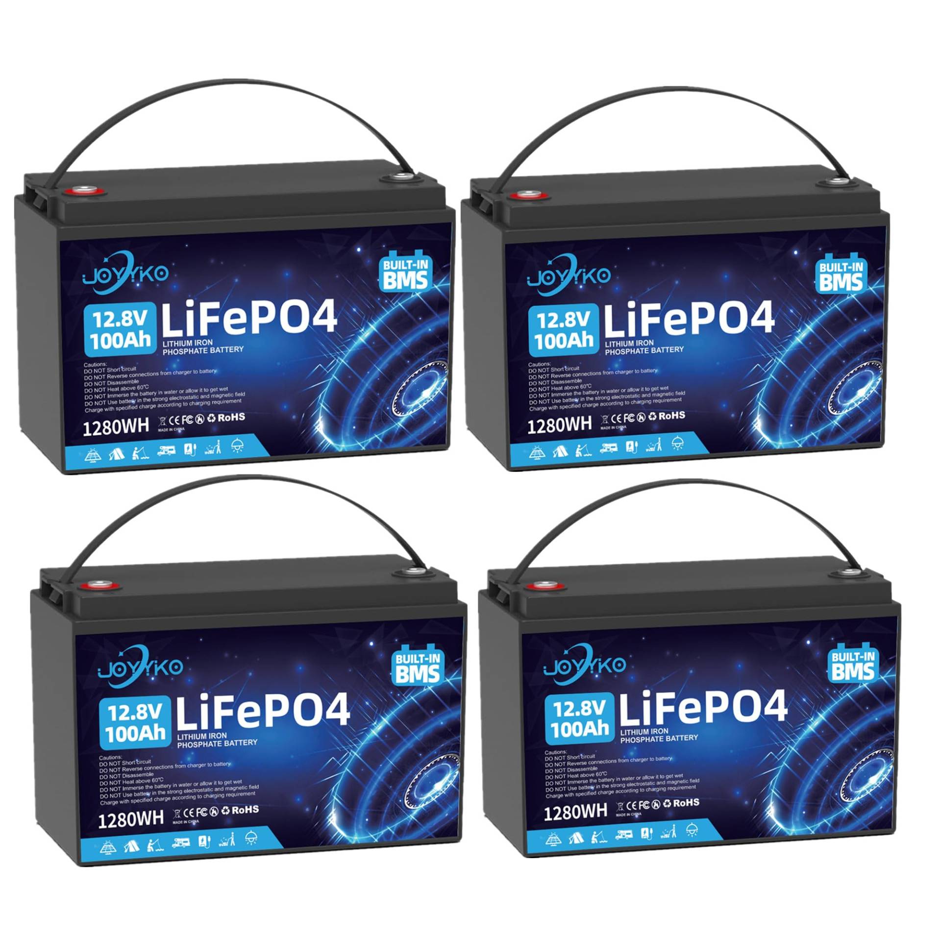 4 Stück Lifepo4 100Ah 12V Lithium Batterie mit Deep Cycle 12.8v 100Ah Wiederaufladbar Batterie mit BMS Schutz 15000 Zyklen Perfekter Ersatz Bleiakku Geeignet für Wohnmobil, Boote, Camping von Cunsieun