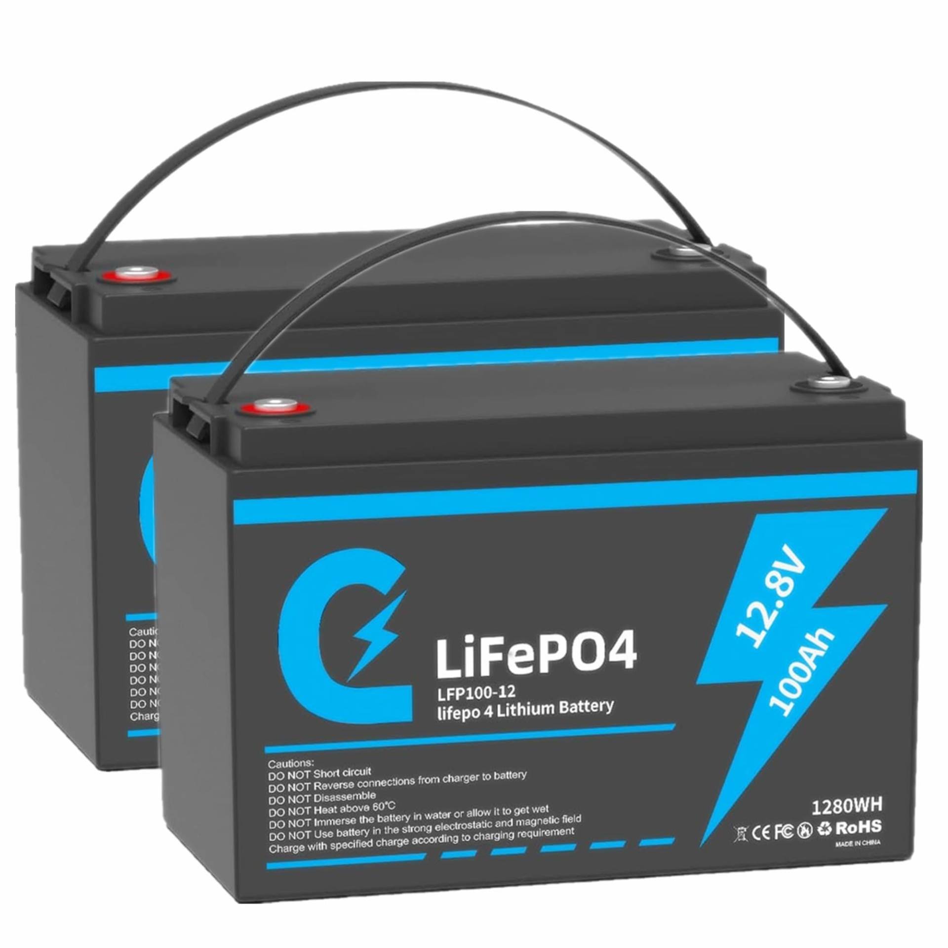 Lifepo4 100Ah 12V Lithium Batterie mit Deep Cycle 12.8v 100Ah Wiederaufladbar Batterie mit BMS Schutz 15000 Zyklen Perfekter Ersatz Bleiakku Geeignet für Wohnmobil, Boote,Camping (2 Stück) von Cunsieun