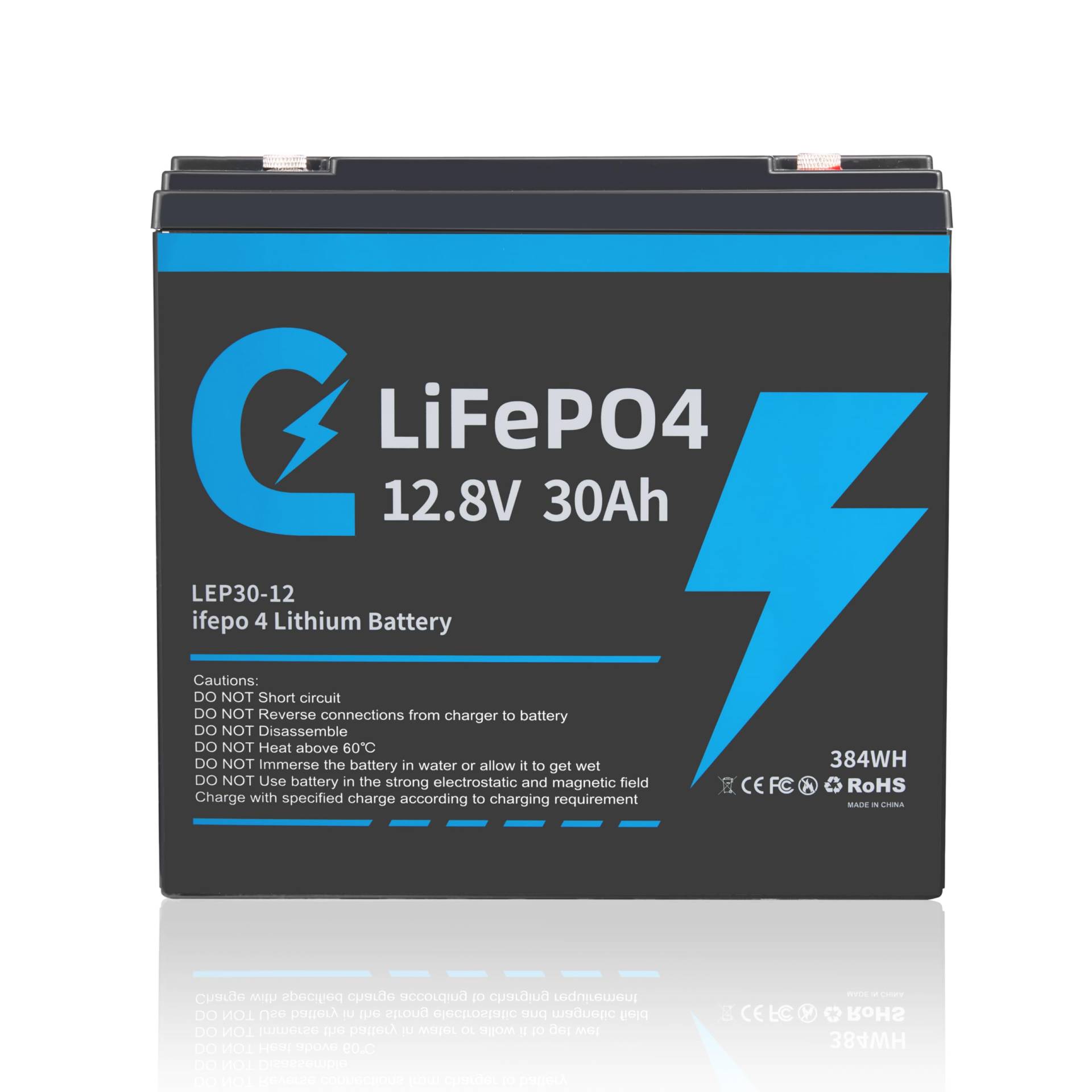 Lifepo4 30Ah 12V Lithium Batterie mit Deep Cycle 12.8v 30Ah Wiederaufladbar Batterie mit BMS Schutz 6000 Zyklen Perfekter Ersatz Bleiakku Geeignet für Wohnmobil, Boote, Camping (12.8V 30Ah) von Cunsieun