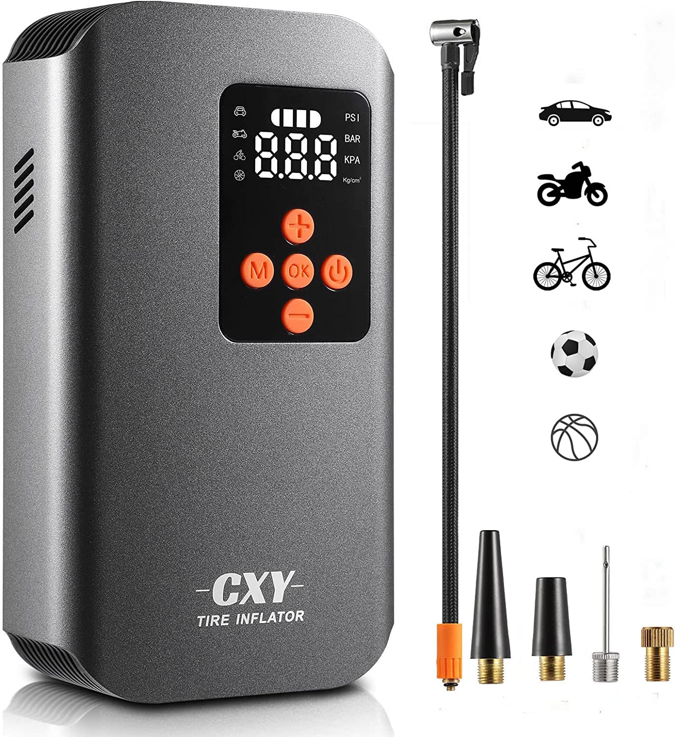 Cxy 7500mAh Akku Luftpumpe Fahrrad, Elektrischer Kompressor Tragbare Fahrradpumpe Mini Reifenpumpe, Rechargeable Akku Kompressor mit 4 verschiedenen Düsen für Autos, Motorräder, Fahrräder und Bälle von Cxy