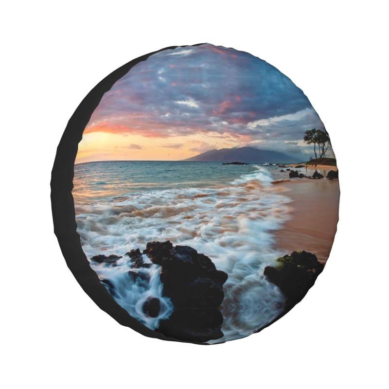 Beach Maui Hawaii Sonnenuntergang Meer Wellen Wolken Druck Ersatzreifen Abdeckung Universal Rad Schutzhülle Wasserdicht passend für Anhänger, Wohnmobil, SUV, LKW und viele Fahrzeuge 40,6 cm von Cykazhst