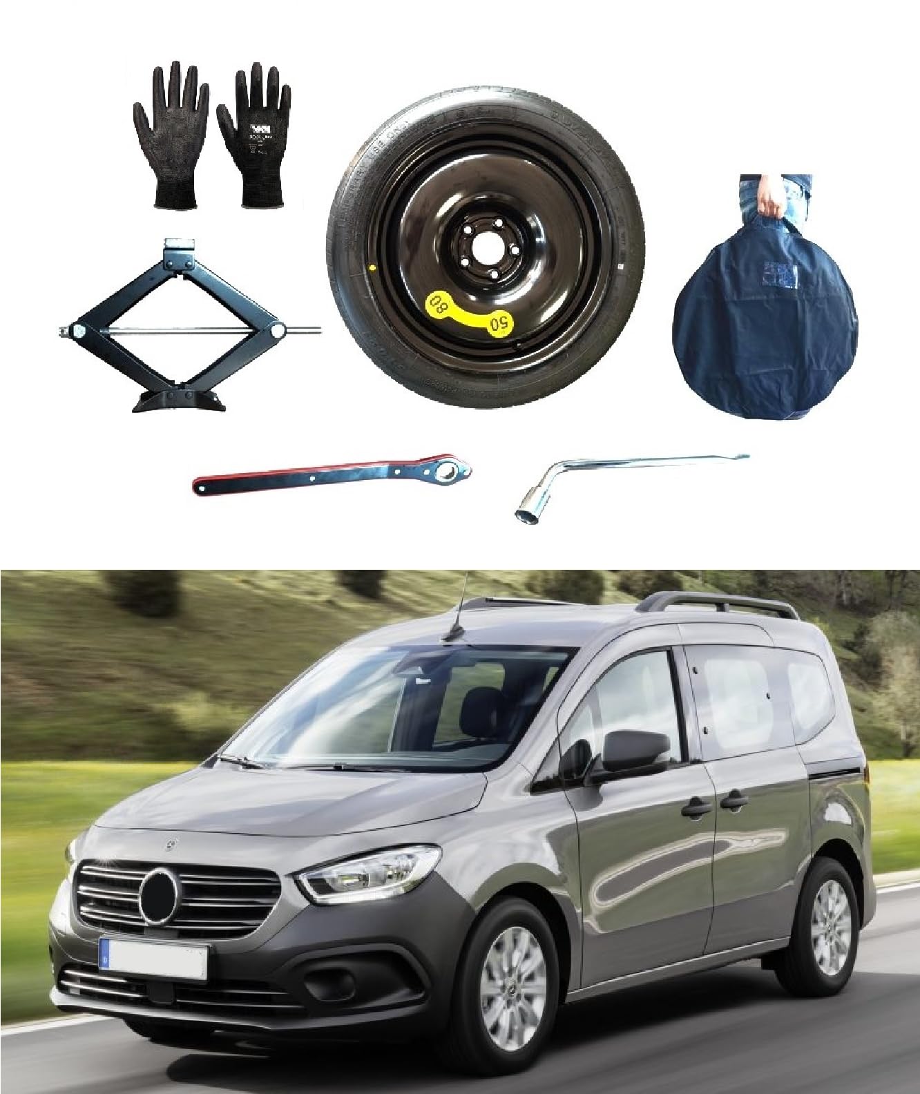 Ersatzrad-Set 16 Zoll, kompatibel mit Mercedes Citan 2021> mit Wagenheber, Schlüssel, Handschuhe und Tasche 135/90R16 von D'ANGELO 1988