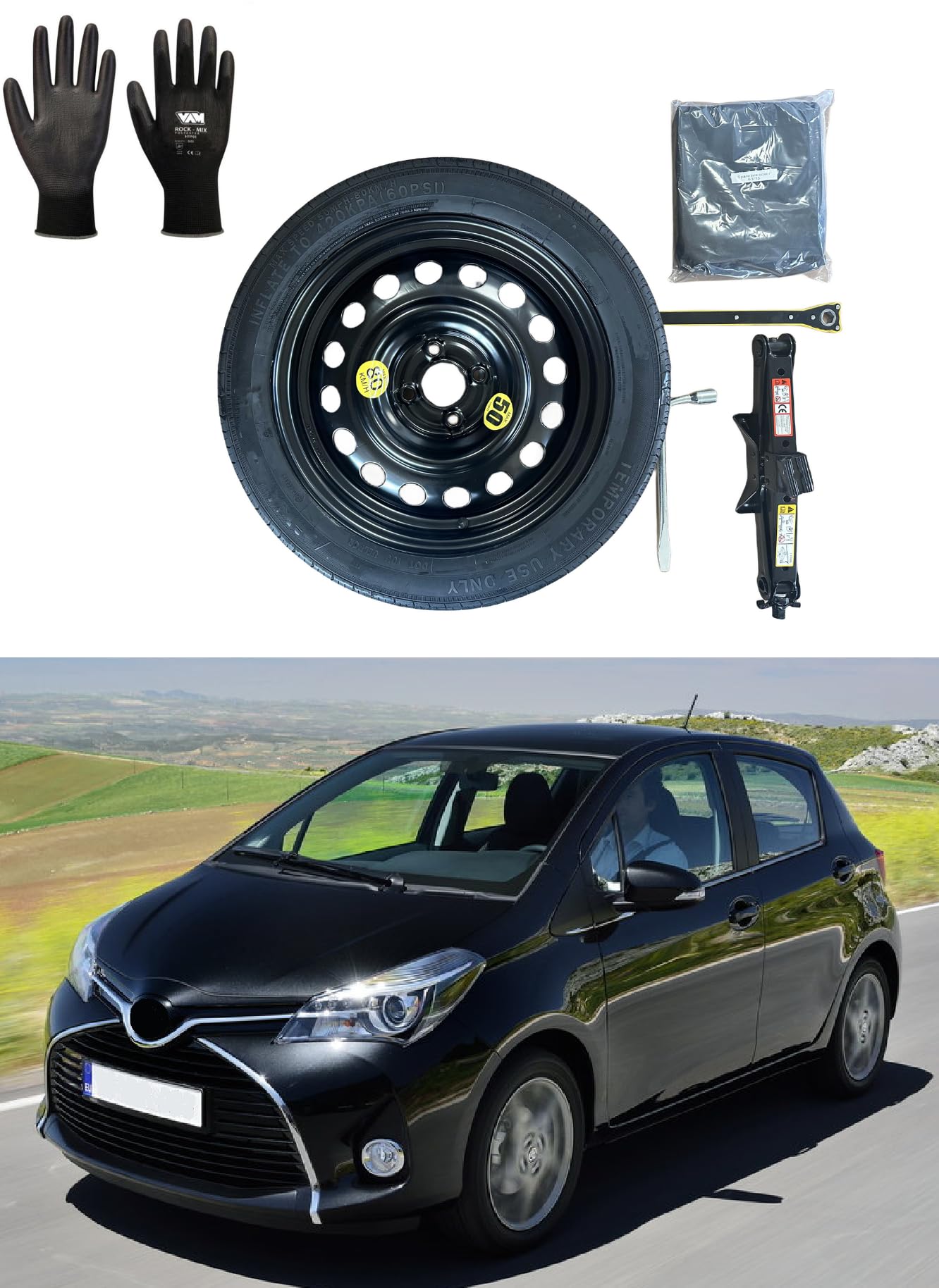 Ersatzrad-Set, 40,6 cm (16 Zoll), kompatibel mit Toyota Yaris 4-Loch (1999 – 2019) mit Wagenheber, Schlüssel, Handschuhe und Tasche von D'ANGELO 1988