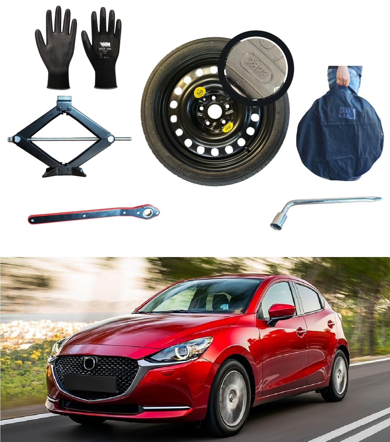 Notrad 16" kompatibel mit Mazda 2 Hybrid 5-Loch (2021>) mit Wagenheber, Schlüssel, Handschuhe und Tasche von D'ANGELO 1988