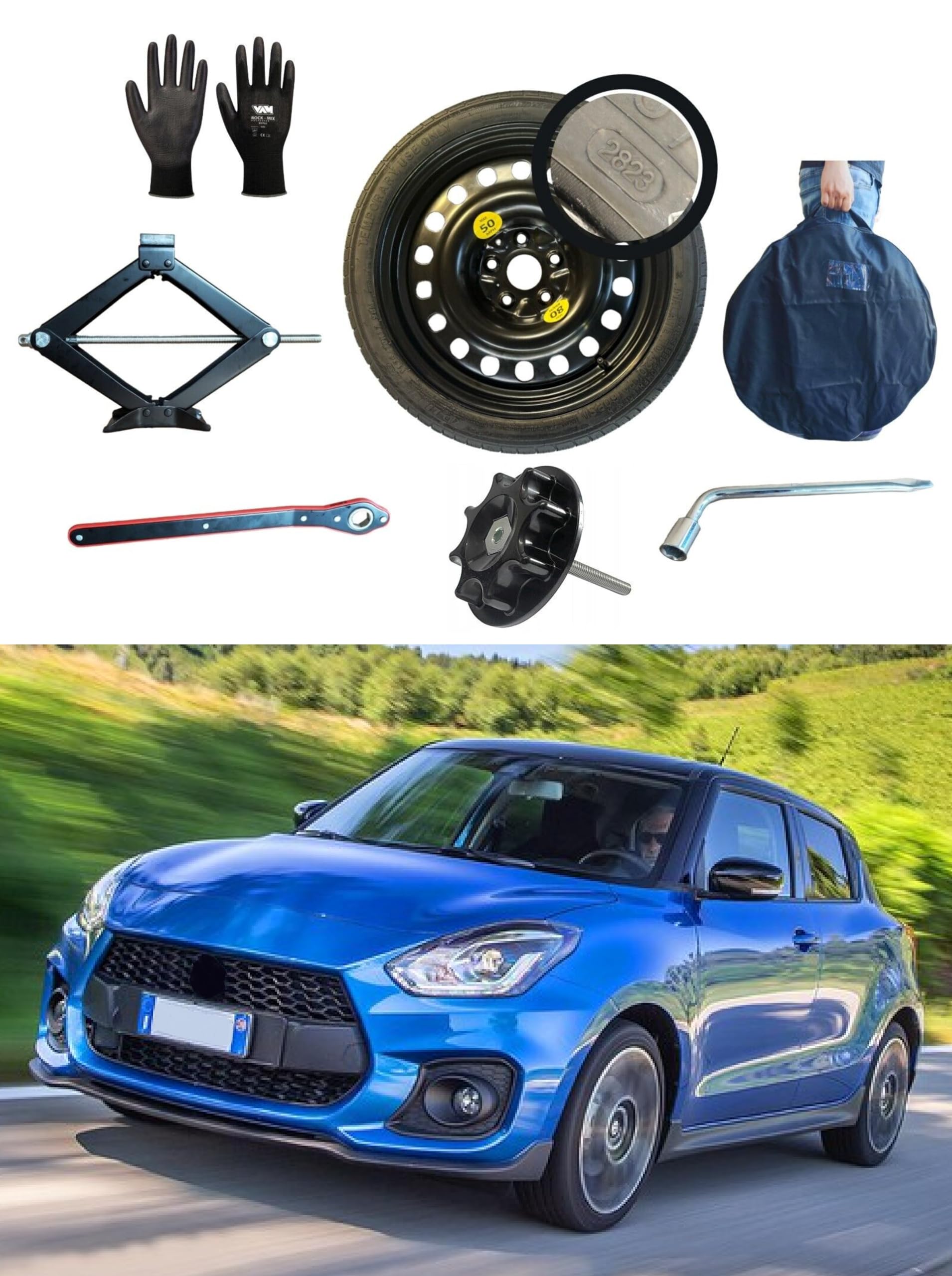 Notrad 17" Suzuki Swift Sport 2WD (2018>) mit Wagenheber, Schlüssel, Schraube, Handschuhe und Tasche 125/70R17 von D'ANGELO 1988