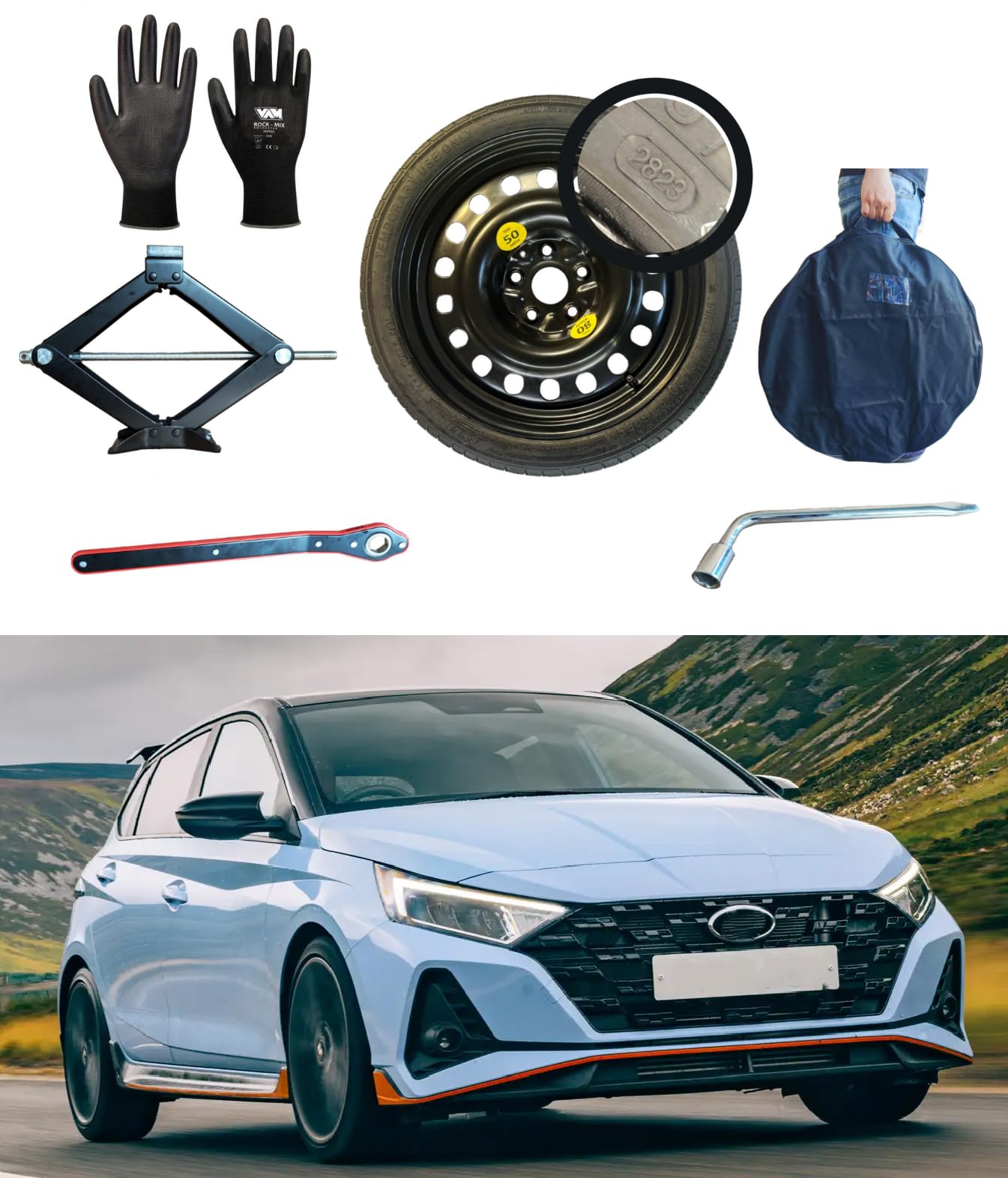 Notrad 18" kompatibel mit Hyundai I20N 1,6 T-GDI 204hp 2021> mit Wagenheber, Schlüssel, Handschuhe und Tasche von D'ANGELO 1988