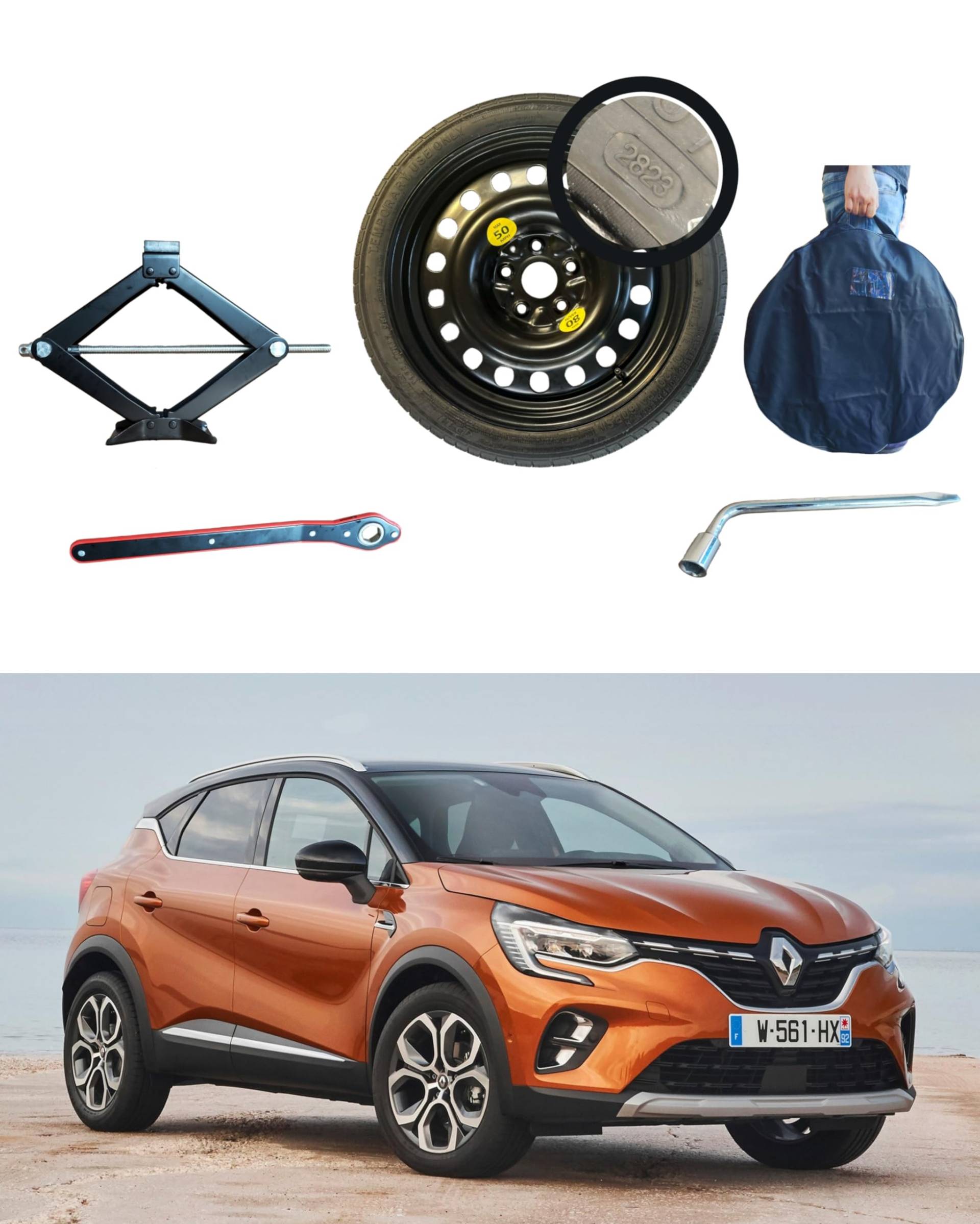 Ersatzrad, 17 Zoll, kompatibel mit Scenic 3, Megane, Cadjar, Laguna, Nissan Qashqai 2014>, Juke 2020>, Dacia Duster mit Wagenheber, Schlüssel, Tasche von D'ANGELO