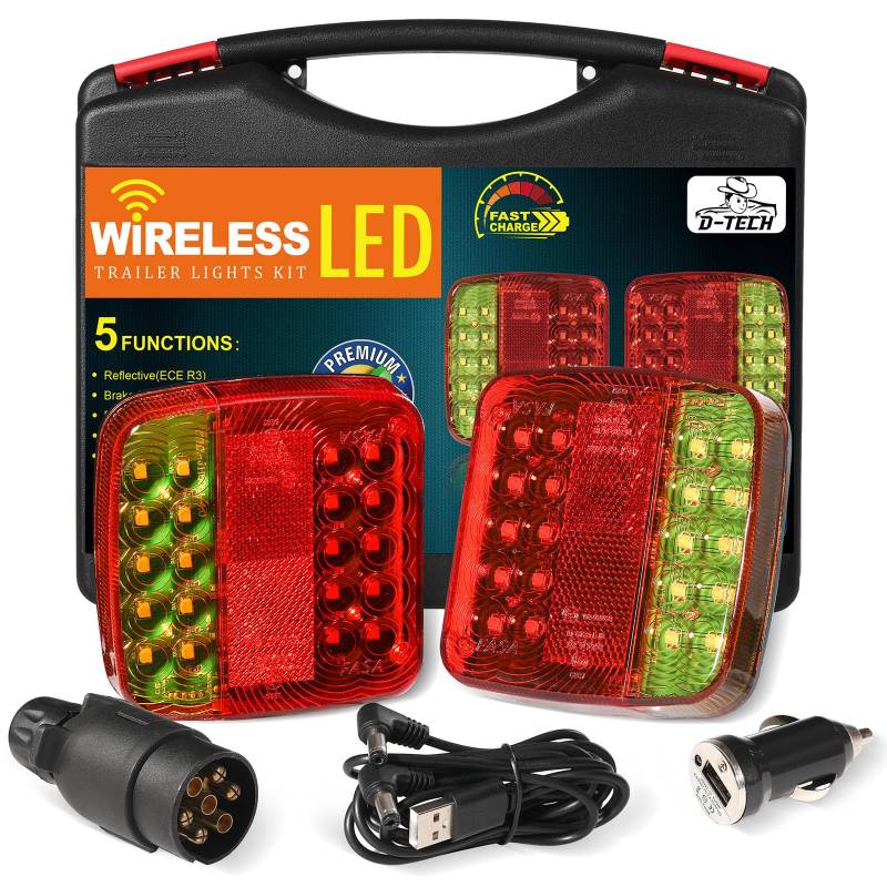 D-TECH Kabellos LED Rückleuchten Satz mit Magnet für KFZ Anhänger, 7 polig Drahtloser Rücklicht Anhänger Magnetisches, Kabellose Bluetooth LED Anhänger Rückleuchten, ECE Prüfzeichen,IP65 Wasserdicht von D-TECH