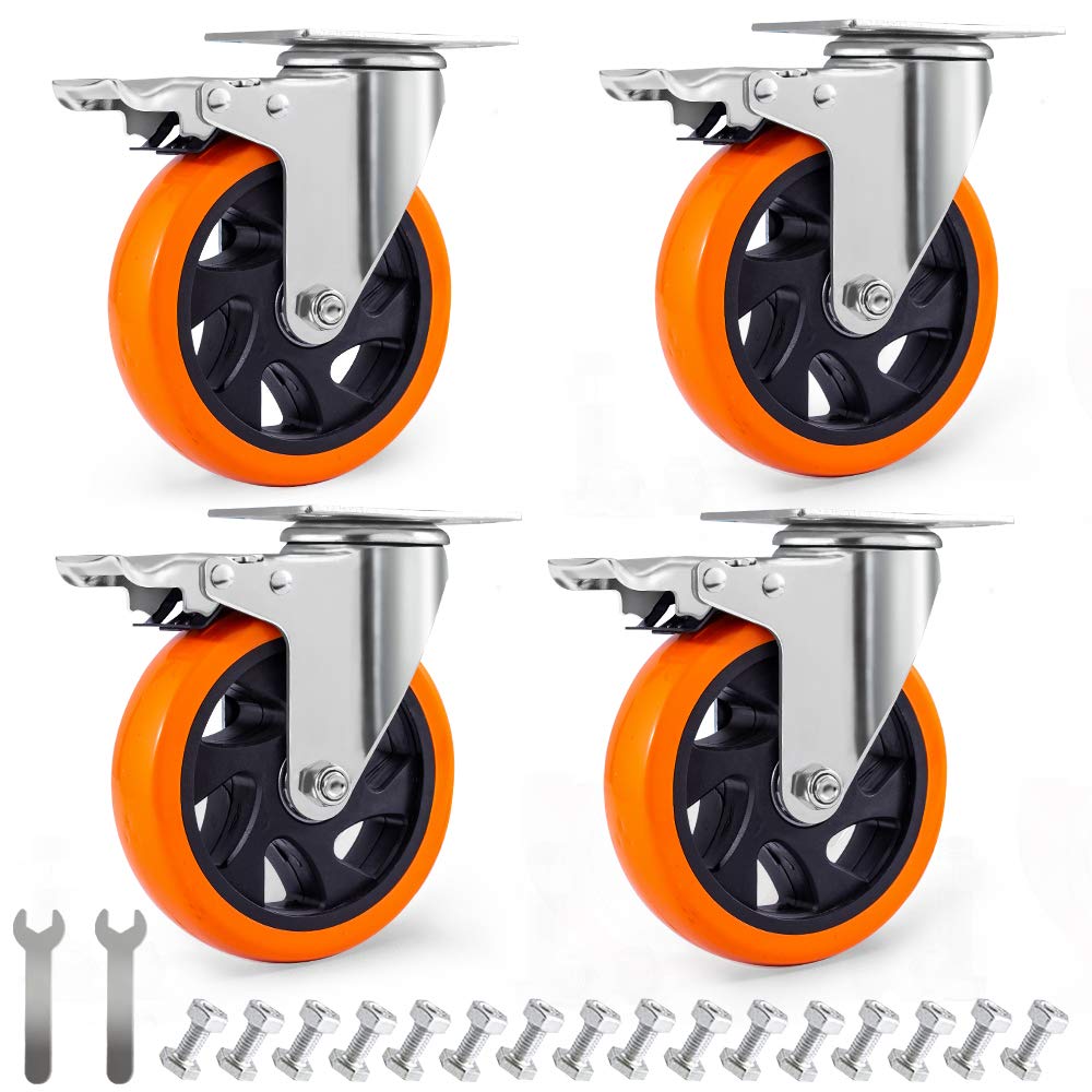 D&L Lenkrollen, 12,7 cm, 680 kg, robuste Rollen mit Bremse, Polyurethan, Doppelfeststellung, Orange, DL-I5-001, 4 Stück von D&L