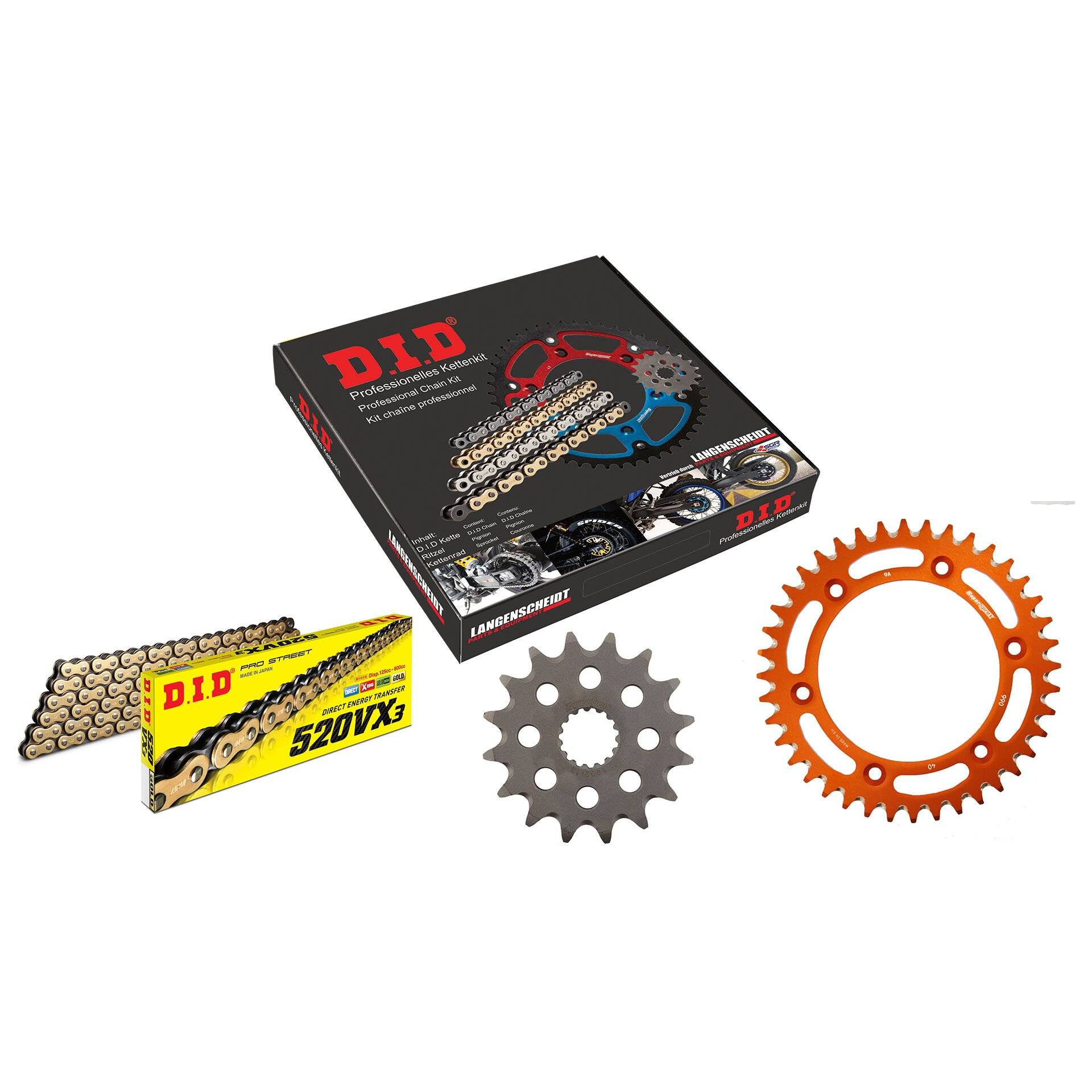 D.I.D. Kettenkit Alu 520VX3(G&B) Clip X 16/40/114 orange für KTM 69 von D.I.D.