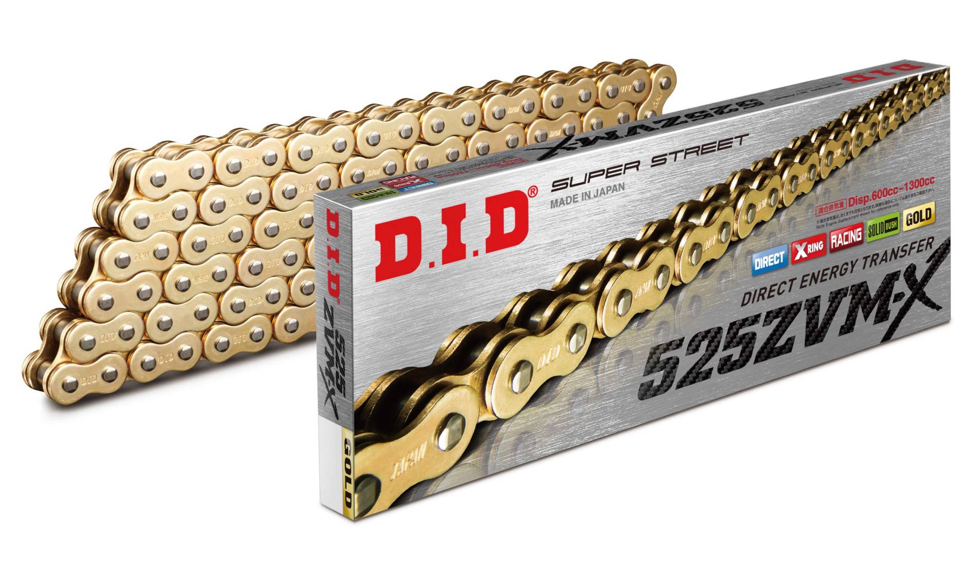 DID Kette 525 ZVMX, 120 Glieder (X-Ring gold), offen mit Nietschloss von D.I.D Racing Chain