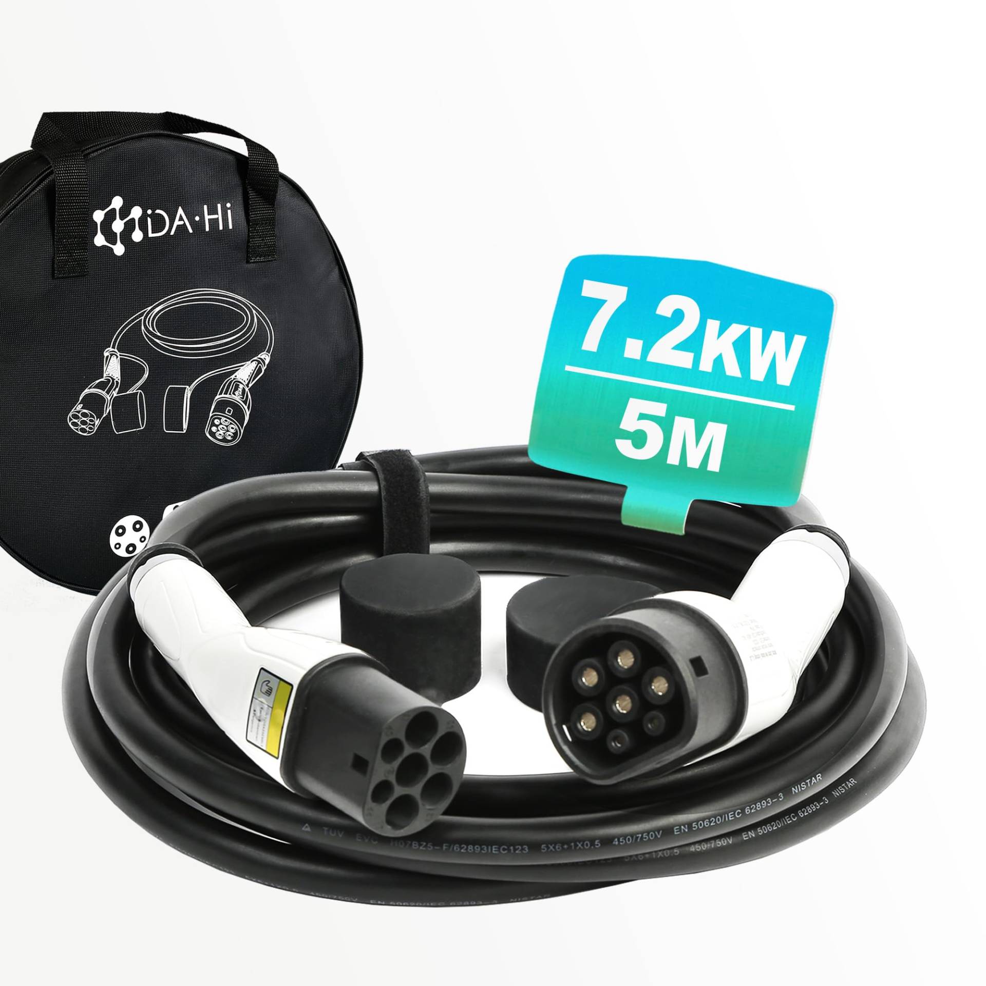 EV Ladekabel Typ 2 7,2KW 5m 32A 1-phasig für Elektroauto und PHEV kompatibel mit e-Golf e-Up! Kona Fortwo i3 EQC Leaf Passat GTE GLC300e Kuga e-Niro 3008 u.a., IP54 weiß/schwarz von DA Hi