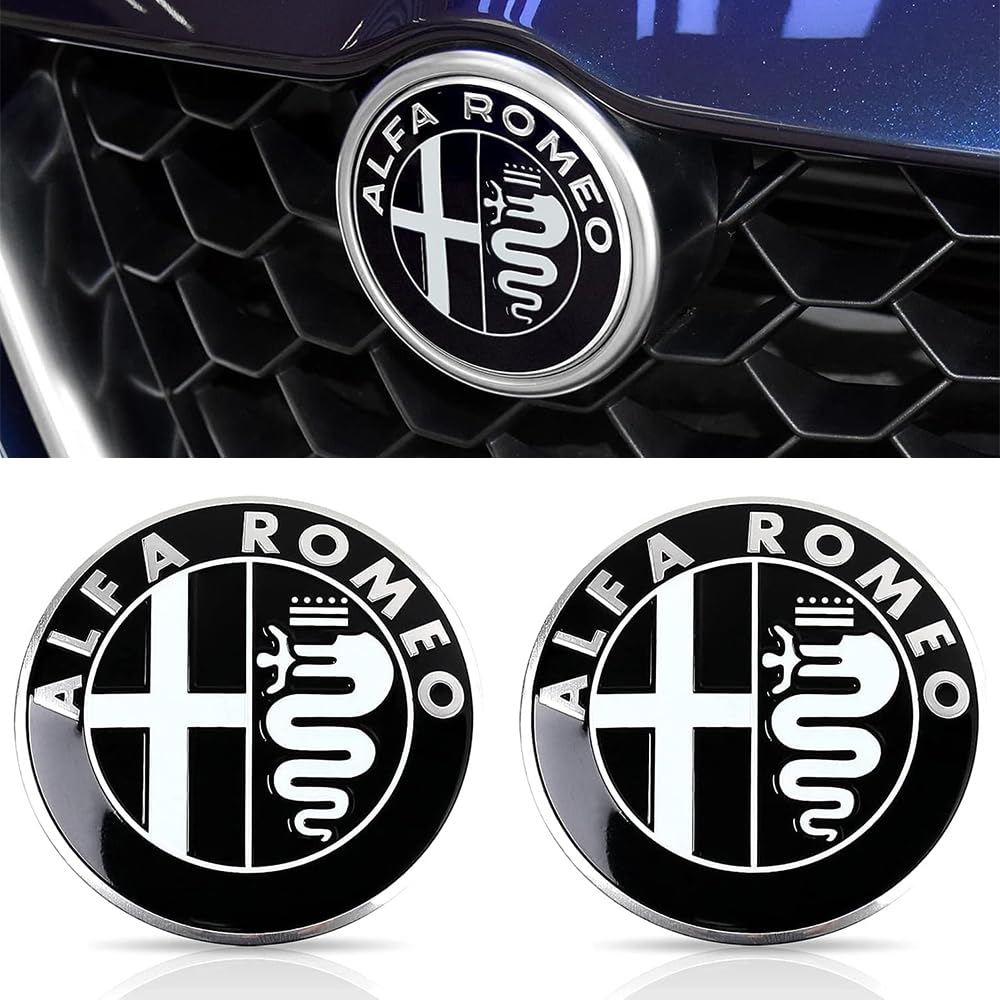 2 Psc Emblem Schwarz für Alfa Romeo Giulia Stelvio Giulietta 2017-2020,74mm Emblem Logo Aufkleber für Lenkrad Zubehör/Motorhaube Vorne und Hinten und Kofferraum Logo Key Remote Control Emblem von DADYM