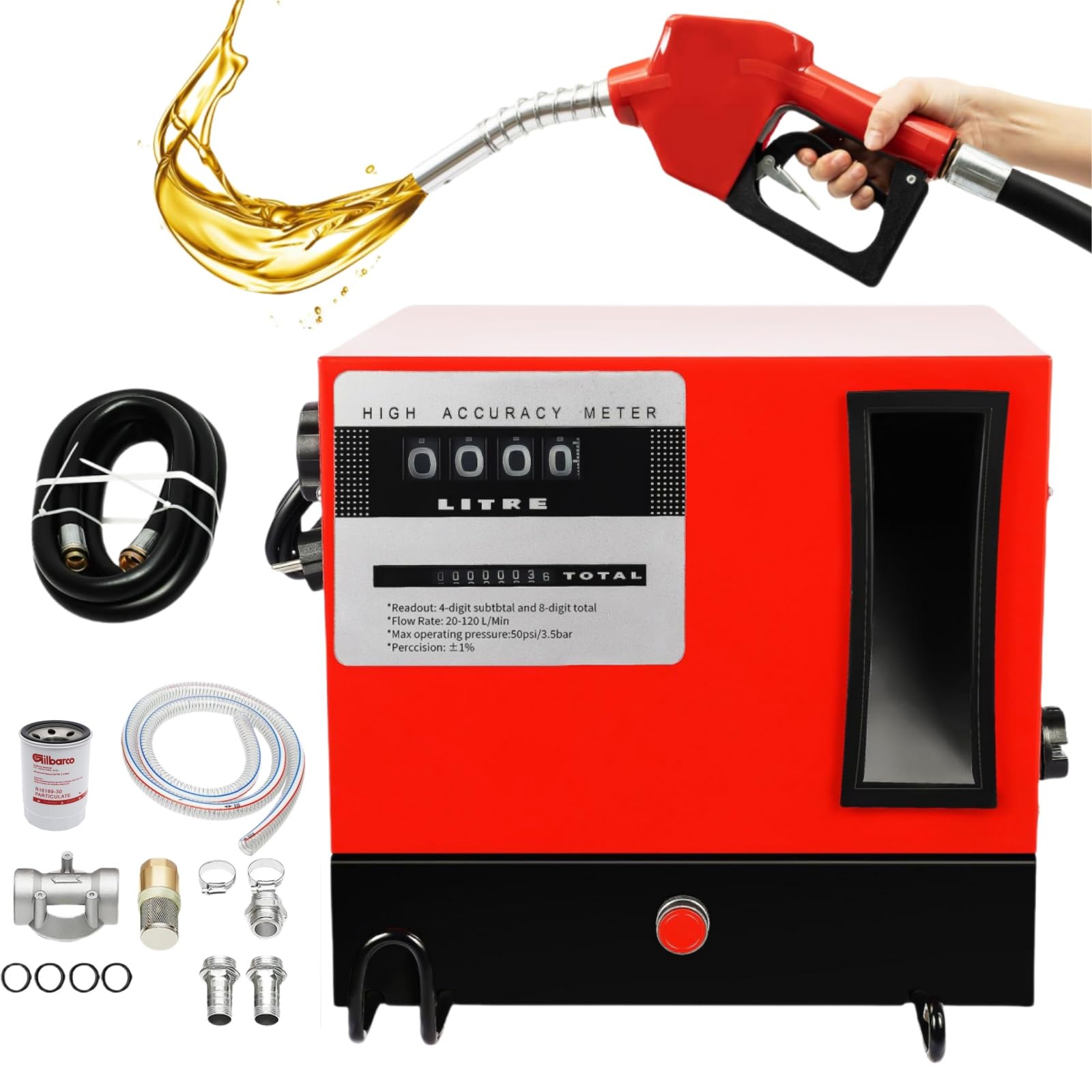 DAOHHFO 230V Dieselpumpe Selbstansaugend, 550 W Mobile Tankstellen 60L/min Ölabsaugpumpe mit Zählwerk, Schläuch und Pistole, Kraftstoffpumpe Ölpumpe Ideal für PKW, Tankwagen, etc von DAOHHFO