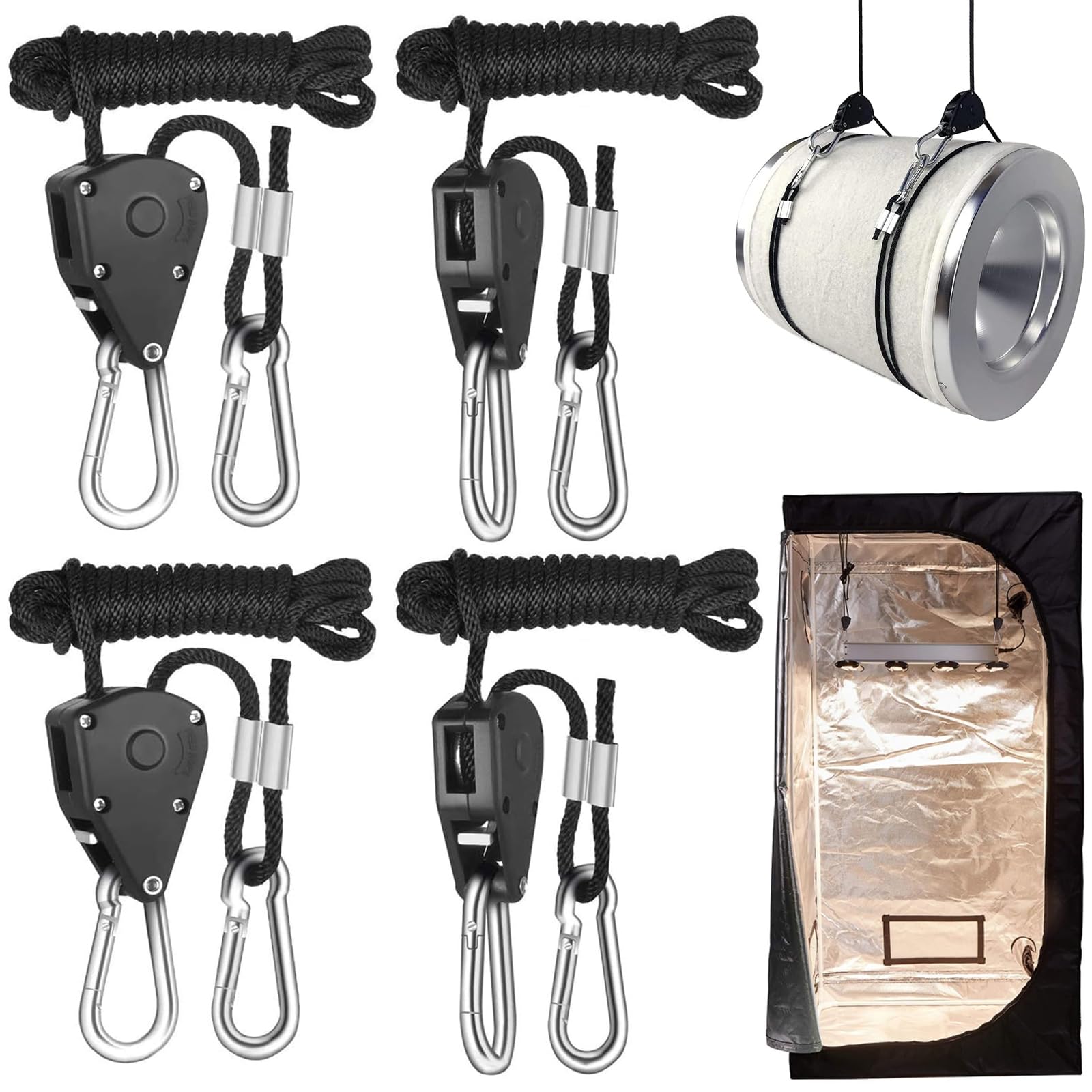 4 Stück Ratchet Hanger Duty Heavy,Einstellbare Seil Seilhaken Ratsche Seilratsche 2 M,1/8 Zoll seilratsche mit Haken,Geeignet für Pflanzen,Ventilatoren und Lichter,68kg Tragkraft pro Paar von DAOOZHU