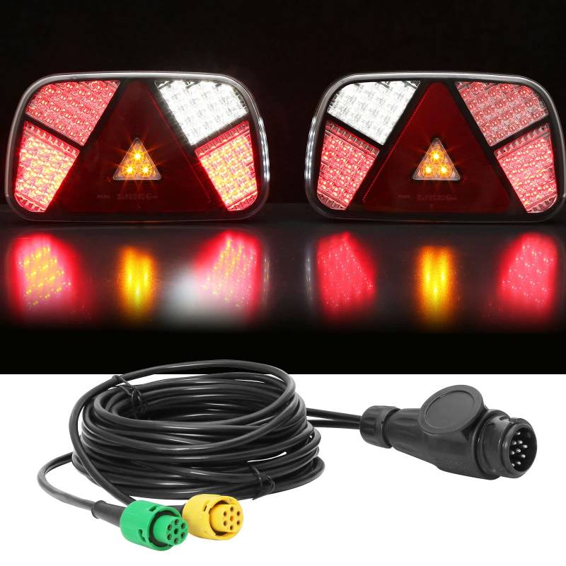 DARKGUARD Rückleuchten Anhänger Satz LED 12/24v,Rücklicht Heckleuchten Anhänger PKW Wohnwagen Verkabelt mit 13poligem Stecker|4m Kabel|2x 6poliger Bajonettverbindung| E-Mark|7Funktion|Wasserdicht von DARKGUARD