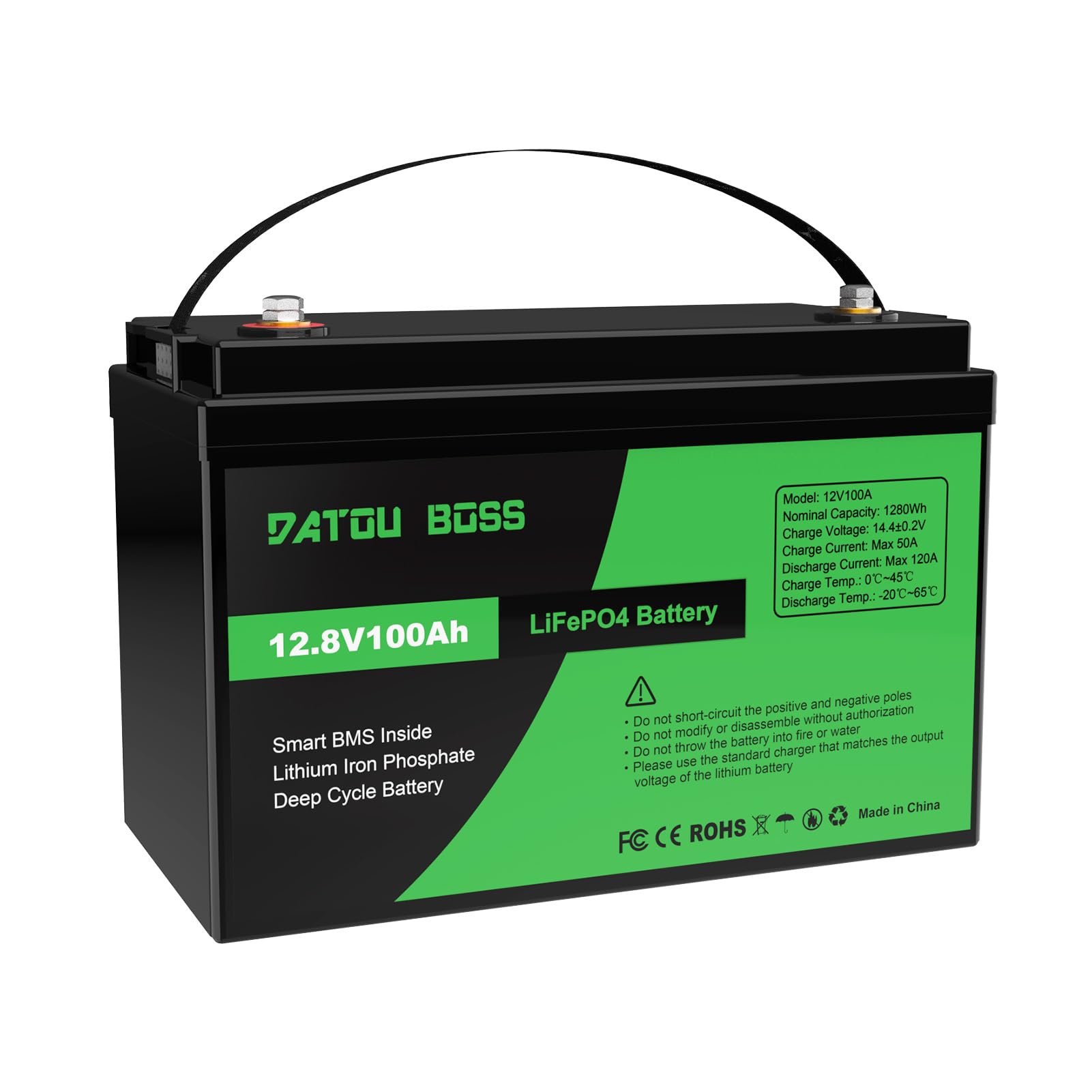 DATOUBOSS 12V 100Ah LiFePO4 Batterie, 1280Wh Lithium Akku mit Verbessertes 100A BMS, 8000-15000 Tiefe Zyklen, Unterstützung in Serie/Parallelschaltung, für Wohnmobil, Solarpanel, Marine, Haushalt von DATOUBOSS