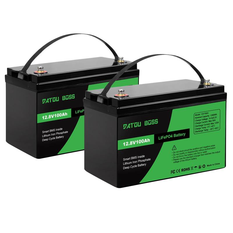 DATOUBOSS 12V 100Ah LiFePO4 Batterie, 1280Wh Lithium Akku mit Verbessertes 100A BMS, Max 15000 Tiefe Zyklen, Unterstützung in Serie/Parallelschaltung, für Wohnmobil, Solarpanel, Marine (2 Stück) von DATOUBOSS