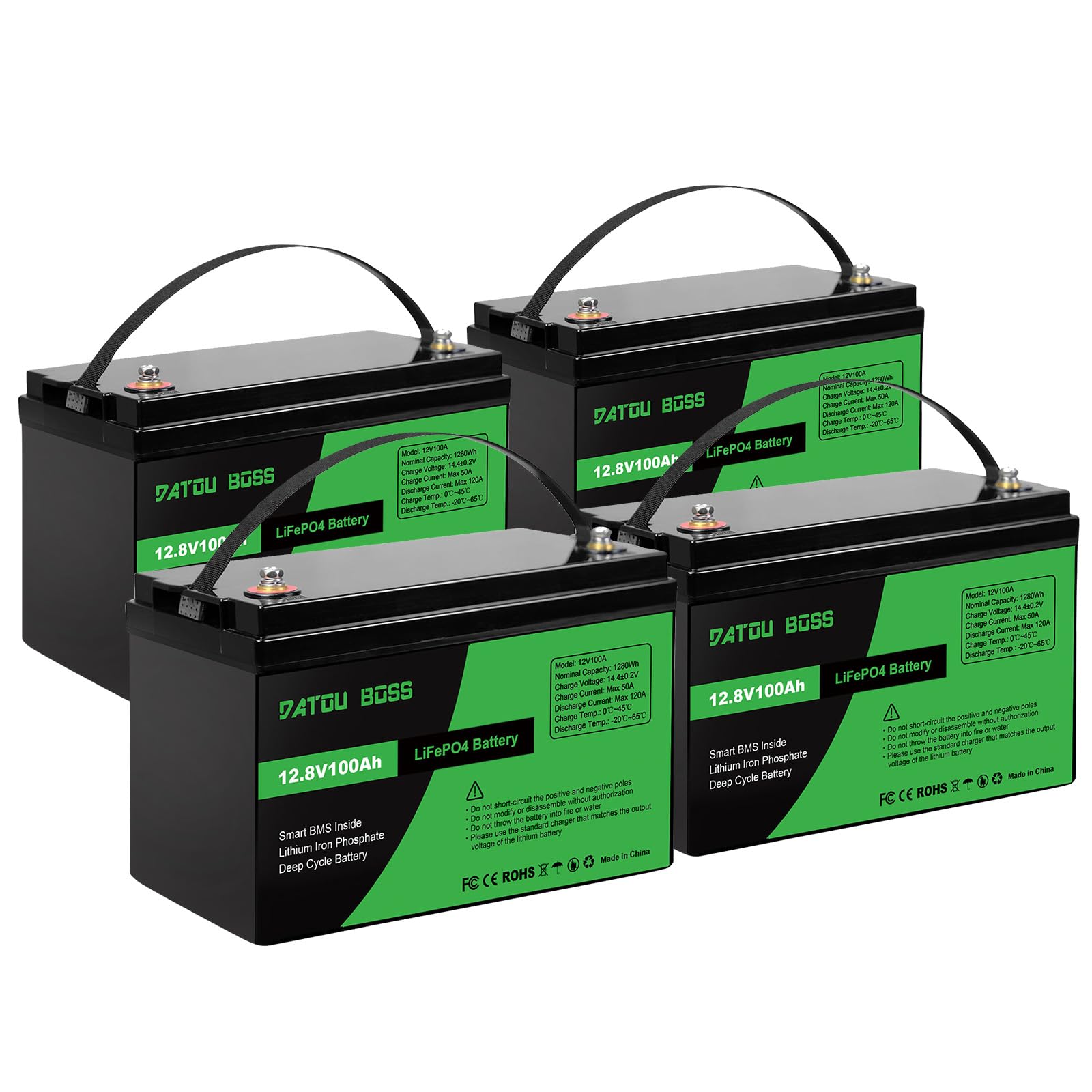 DATOUBOSS 12V 100Ah LiFePO4 Batterie, 1280Wh Lithium Akku mit Verbessertes 100A BMS, Max 15000 Tiefe Zyklen, Unterstützung in Serie/Parallelschaltung, für Wohnmobil, Solarpanel, Marine (4 Stück) von DATOUBOSS