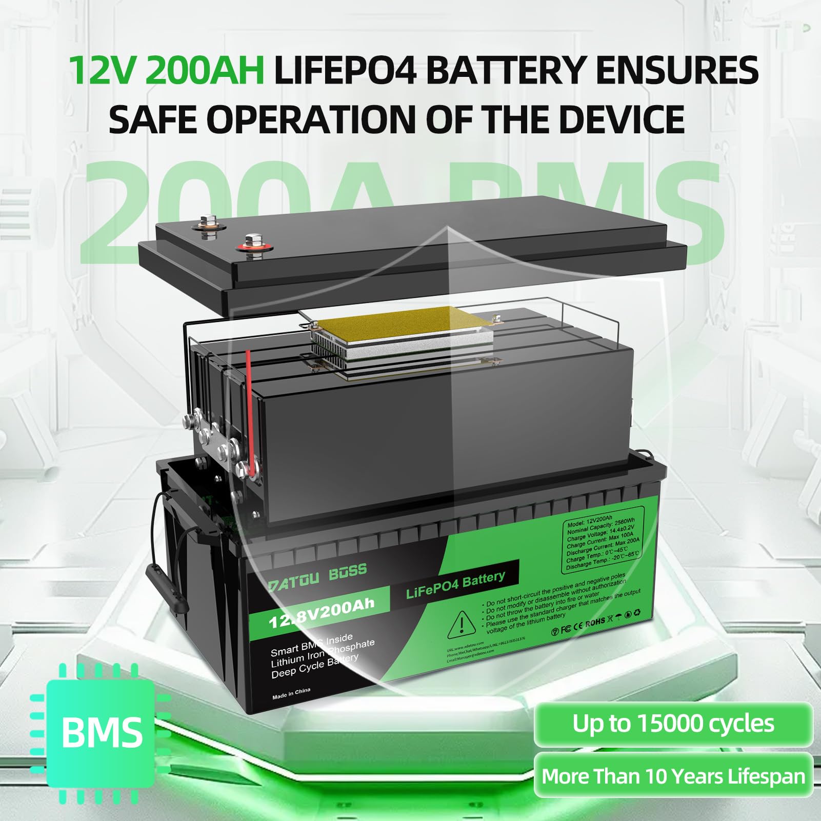 DATOUBOSS 12V 200Ah LiFePO4 Batterie, 2560Wh Lithium Akku mit Verbessertes 200A BMS, Max 15000 Tiefe Zyklen, Unterstützung in Serie/Parallelschaltung, für Wohnmobil, Solarpanel, Marine, Haushalt von DATOUBOSS