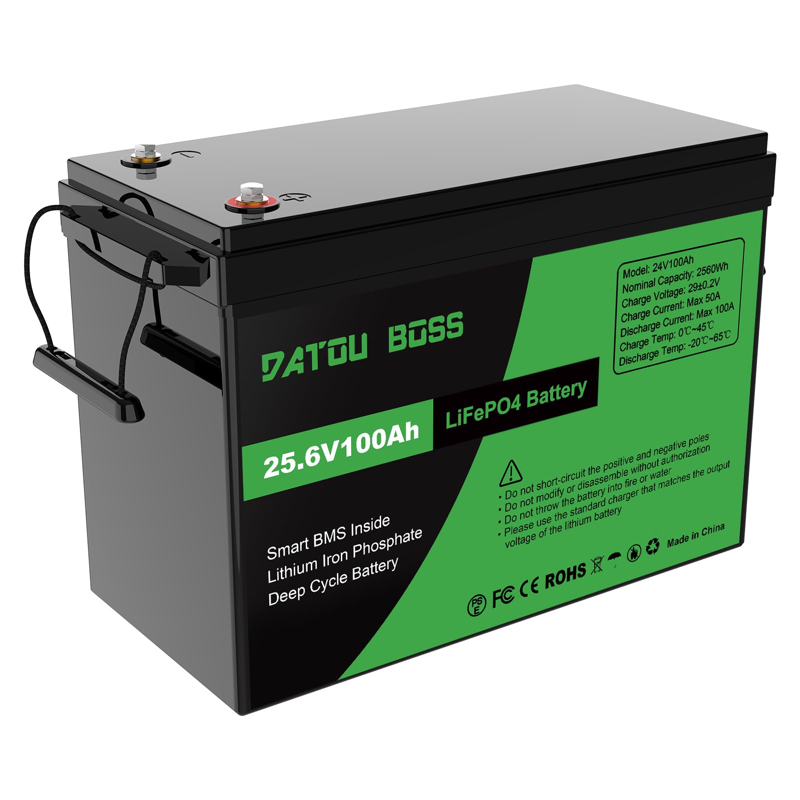 DATOUBOSS 24V 100Ah LiFePO4 Batterie, 100A BMS, 8000+Zyklen Deep Cycle Lithium Akku, MAX 2560W Leistung Unterstützung in Serie/Parallelschaltung,verwendet für Wohnmobil, Solar Home System und Boot von DATOUBOSS