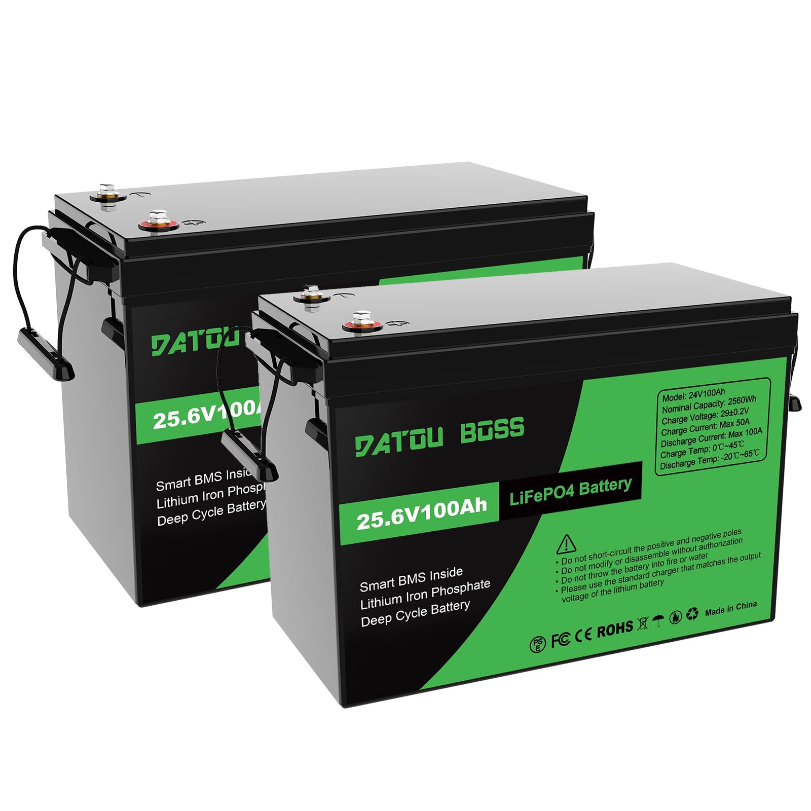 DATOUBOSS 24V 100Ah LiFePO4 Batterie, 2560Wh Lithium Akku mit Verbessertes 100A BMS, Max 15000 Tiefe Zyklen, Unterstützung in Serie/Parallelschaltung, für Wohnmobil, Solarpanel, Haushalt (2 Stück) von DATOUBOSS