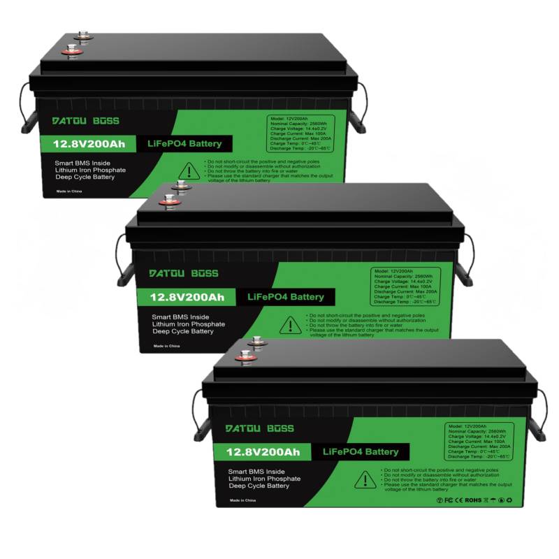 DATOUBOSS 3 * 12V 200Ah LiFePO4 Batterie 200A BMS 4500-15000+Zyklen Deep Cycle Lithium Akku MAX 2560W Leistung Unterstützung in Serie/Parallelschaltung,verwendet für Wohnmobil, Home System und Boot von DATOUBOSS