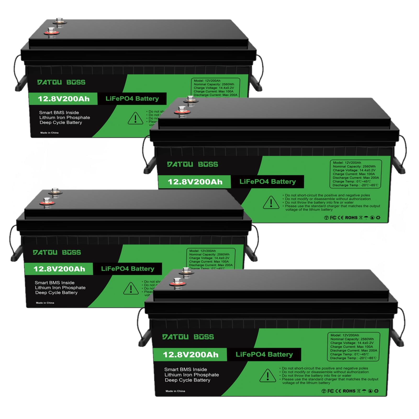 DATOUBOSS 4 * 12V 200Ah LiFePO4 Batterie 200A BMS 4500-15000+Zyklen Deep Cycle Lithium Akku MAX 2560W Leistung Unterstützung in Serie/Parallelschaltung,verwendet für Wohnmobil, Home System und Boot von DATOUBOSS