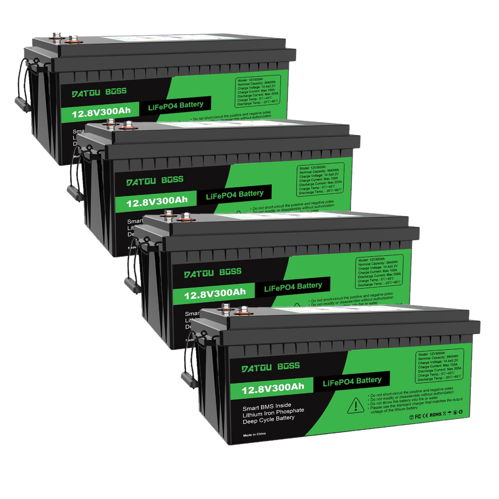 DATOUBOSS 4 * 12V 300Ah LiFePO4 Batterie Integriertes 200A BMS 15000+Zyklen Deep Cycle Lithium Akku MAX 3840W Leistung Unterstützung in Serie/Parallelschaltung,Perfekt für Solar, Wohnmobil, Off-Grid von DATOUBOSS