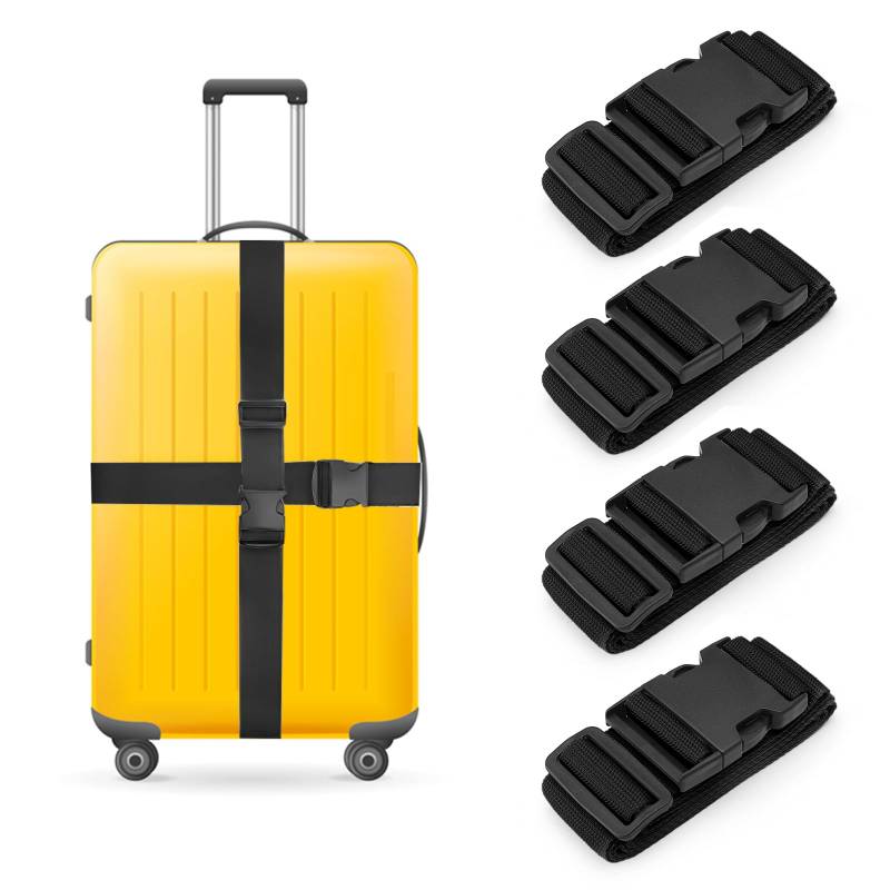 4 Stück Koffergurt Set, Verstellbare Kofferband mit Adressschild Koffergurt Kofferband Gepäckband Sicher Reisen Koffer Kofferbänder Gepäckgurte Kreuz Sicherheitsgurt Luggage Strap (Schwarz) von DAWRIS