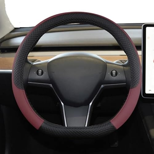 Lenkradhülle 9 Farben PU-Leder rutschfeste Auto-Lenkradabdeckung Für Tesla Für Modell 3 2016-2023 Autozubehör Lenkradschoner(Wine Red) von DBBPVPLFC