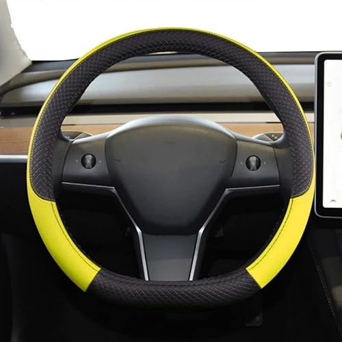 Lenkradhülle 9 Farben PU-Leder rutschfeste Auto-Lenkradabdeckung Für Tesla Für Modell 3 2016-2023 Autozubehör Lenkradschoner(Yellow) von DBBPVPLFC