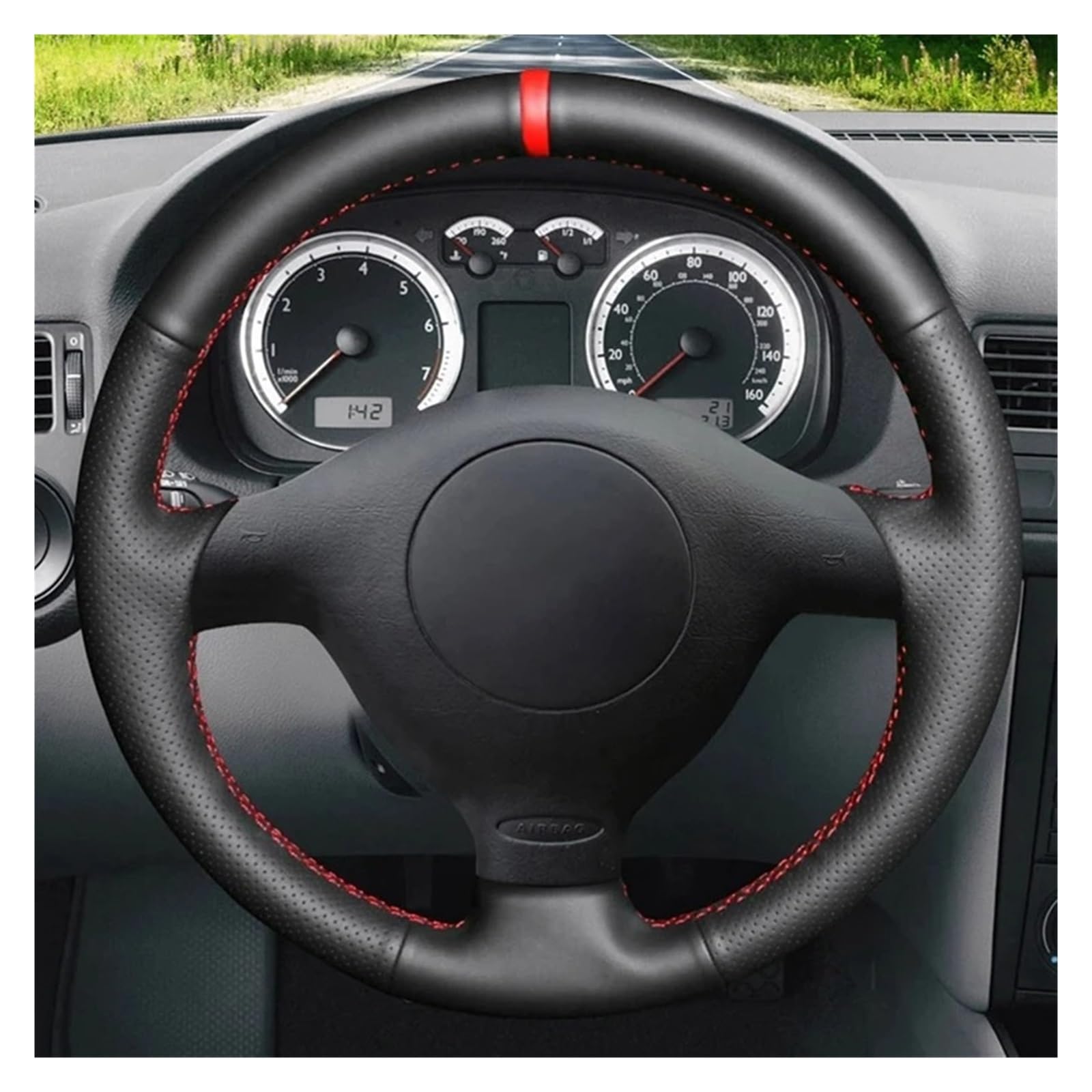 Lenkradhülle Für Seat Für Leon Für MK1 Für Skoda Für Fabia Für RS 1998 1999 2000 2001 2002 2003 2004 2005 Autolenkradabdeckung Lenkradschoner(Light Blue Thread) von DBBPVPLFC