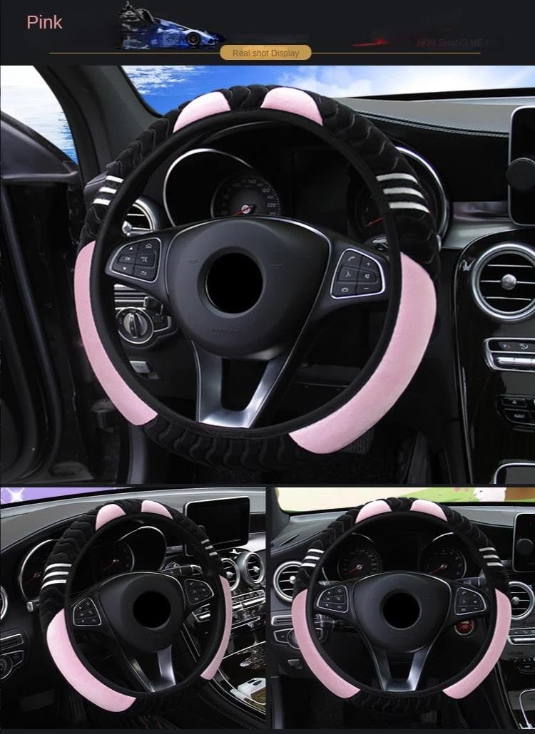 Lenkradhülle Plüsch-Auto 38 cm Elastisch Warm rutschfest Radabdeckung Auto-Lenkradabdeckung Kleines Monster Styling Autozubehör Für Frauen Lenkradschoner(Pink) von DBBPVPLFC