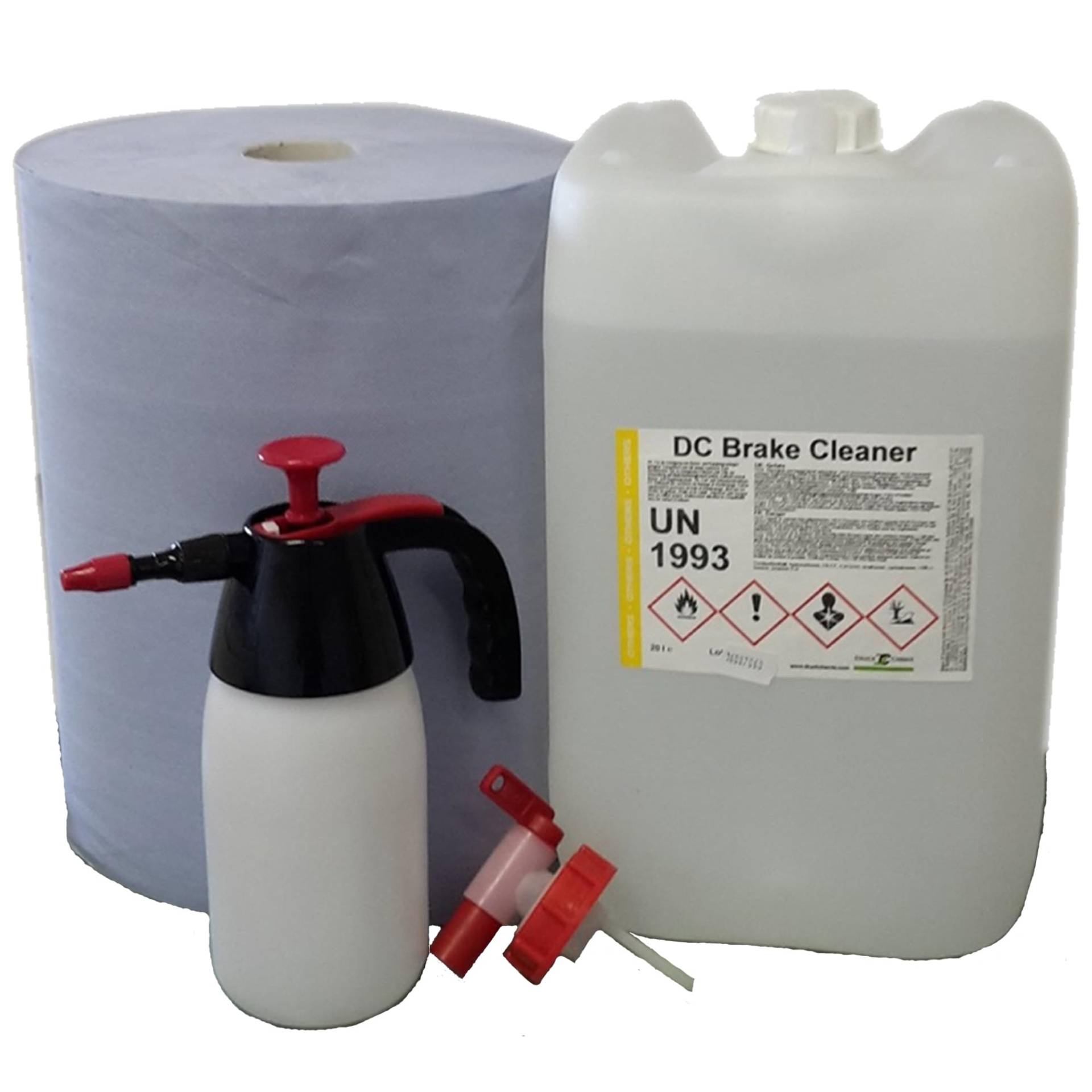 DC DruckChemie GmbH Bremsenreiniger Kanister 20L, acetonfrei + Auslaufhahn, Putzpapierrolle & Drucksprüher - Brake Cleaner - Teilereiniger zum Reinigen & Entfetten von Bremsen, Platten & Kupplungen von DRUCK DC CHEMIE