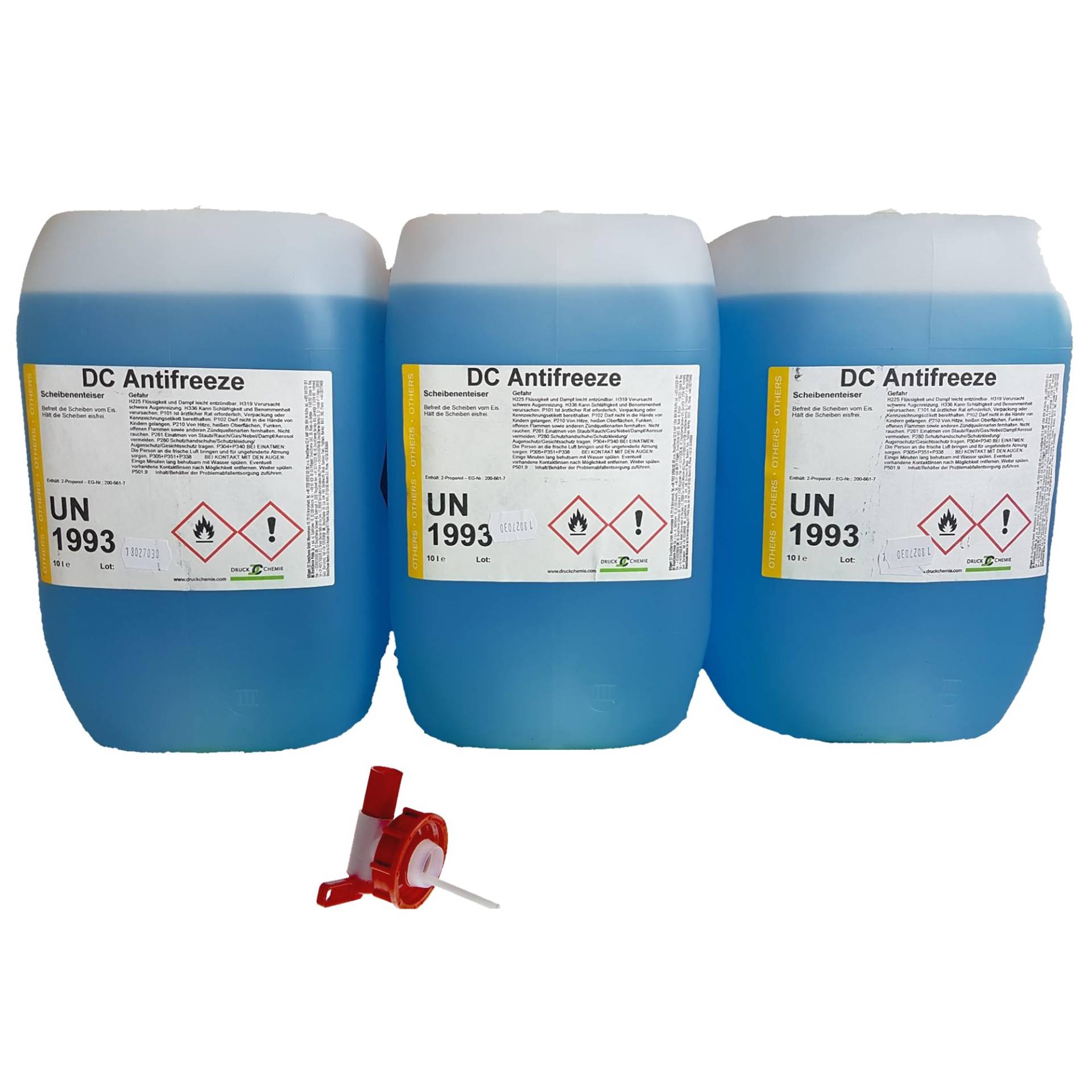 DC DruckChemie GmbH Antifreeze Scheibenenteiser Auto 3 x 10L + Auslaufhahn - Leistungsstarker Entfroster für Autoscheiben, Seitenspiegel & Scheinwerfer von DRUCK DC CHEMIE